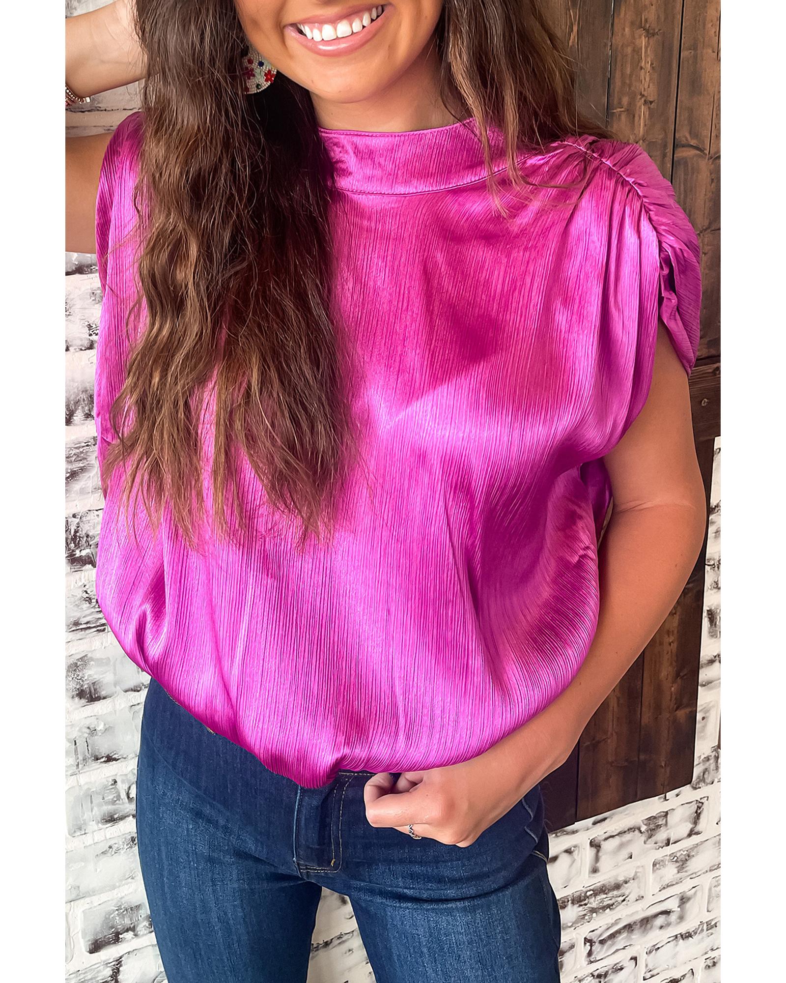 V539-AZEXDC25126790-P106-S-202506120310-00 Bright Pink Ruched Sleeves Knotted Backless Blouse - S - Image 1