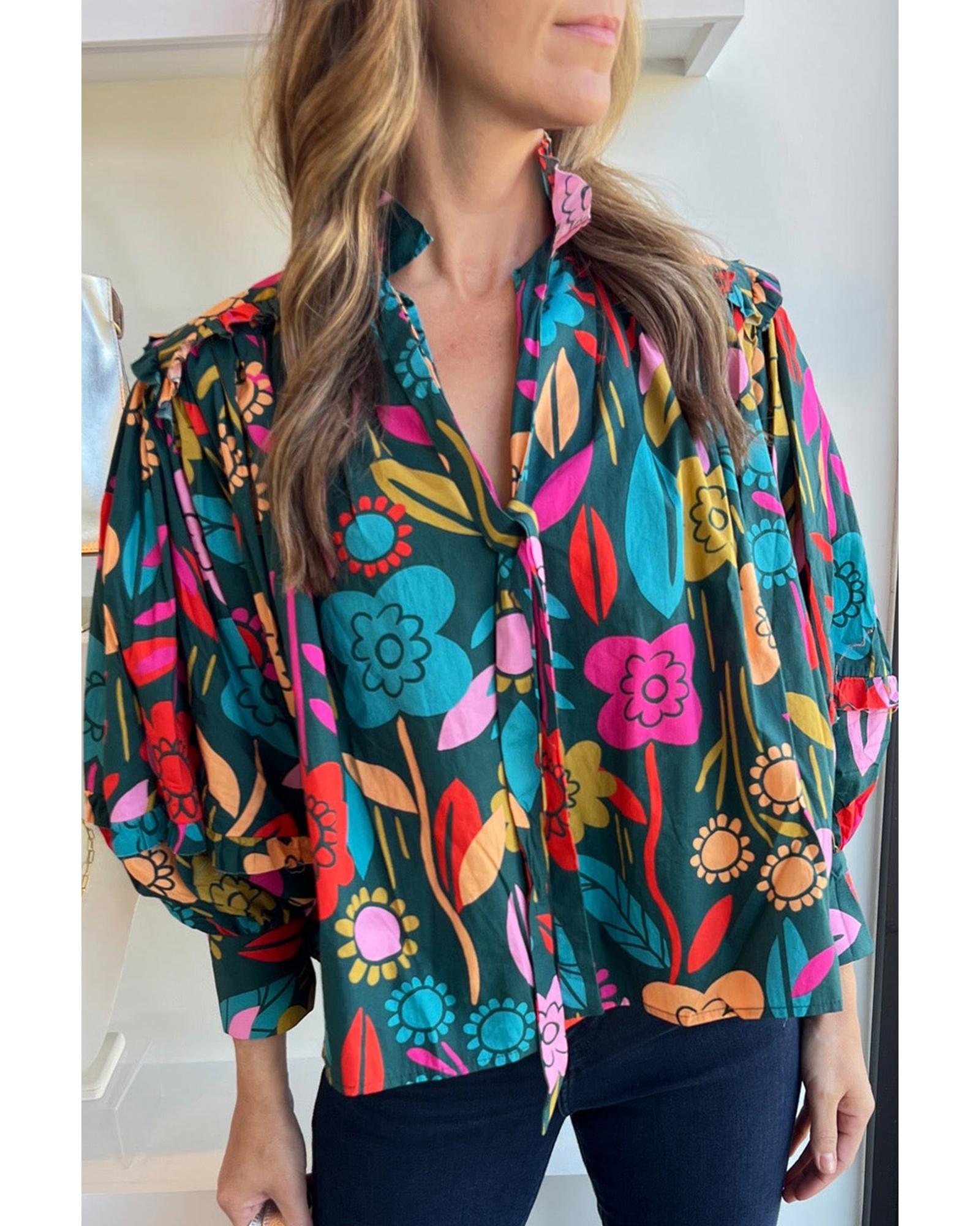 V539-AZEXDC25126809-P920-XL-202508271415-00 Green Floral Knot Split Neck Puff Sleeve Blouse - XL - Image 1
