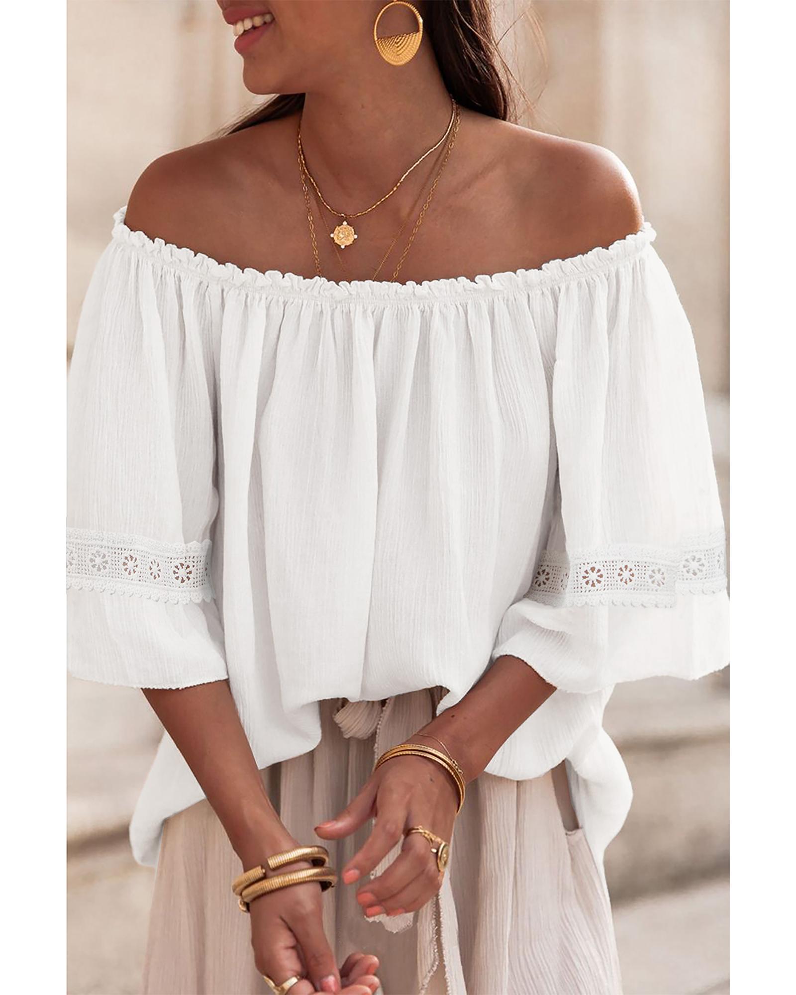 V539-AZEXDC25126873-P1-XL-202508271945-00 White Frilly Off Shoulder Lace Insert Sleeve Textured Blouse - XL - Image 1