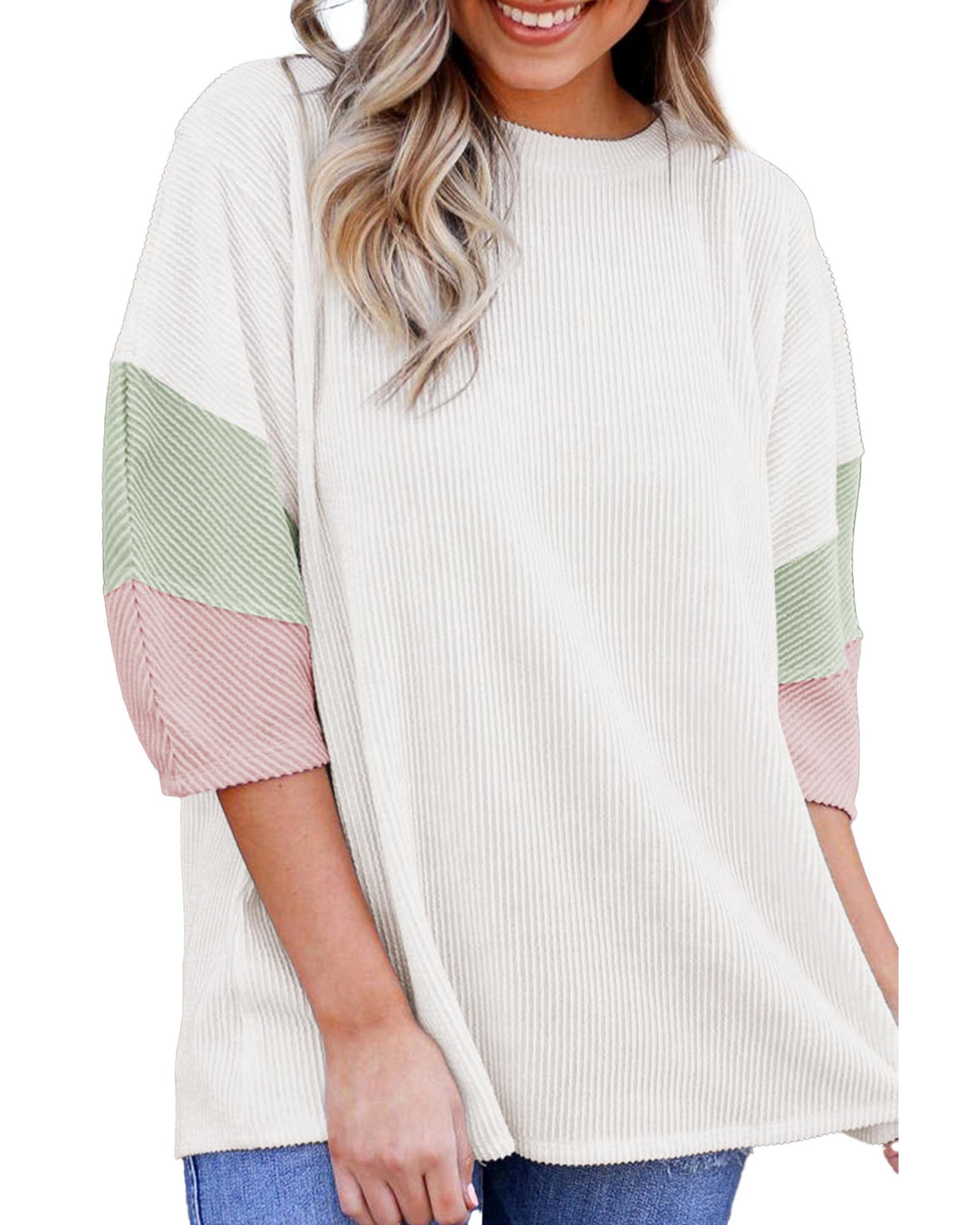 V539-AZEXDC25126903-P1-M-202508270440-00 White Color Block Ribbed Knit Quarter Sleeve Top - M - Image 1
