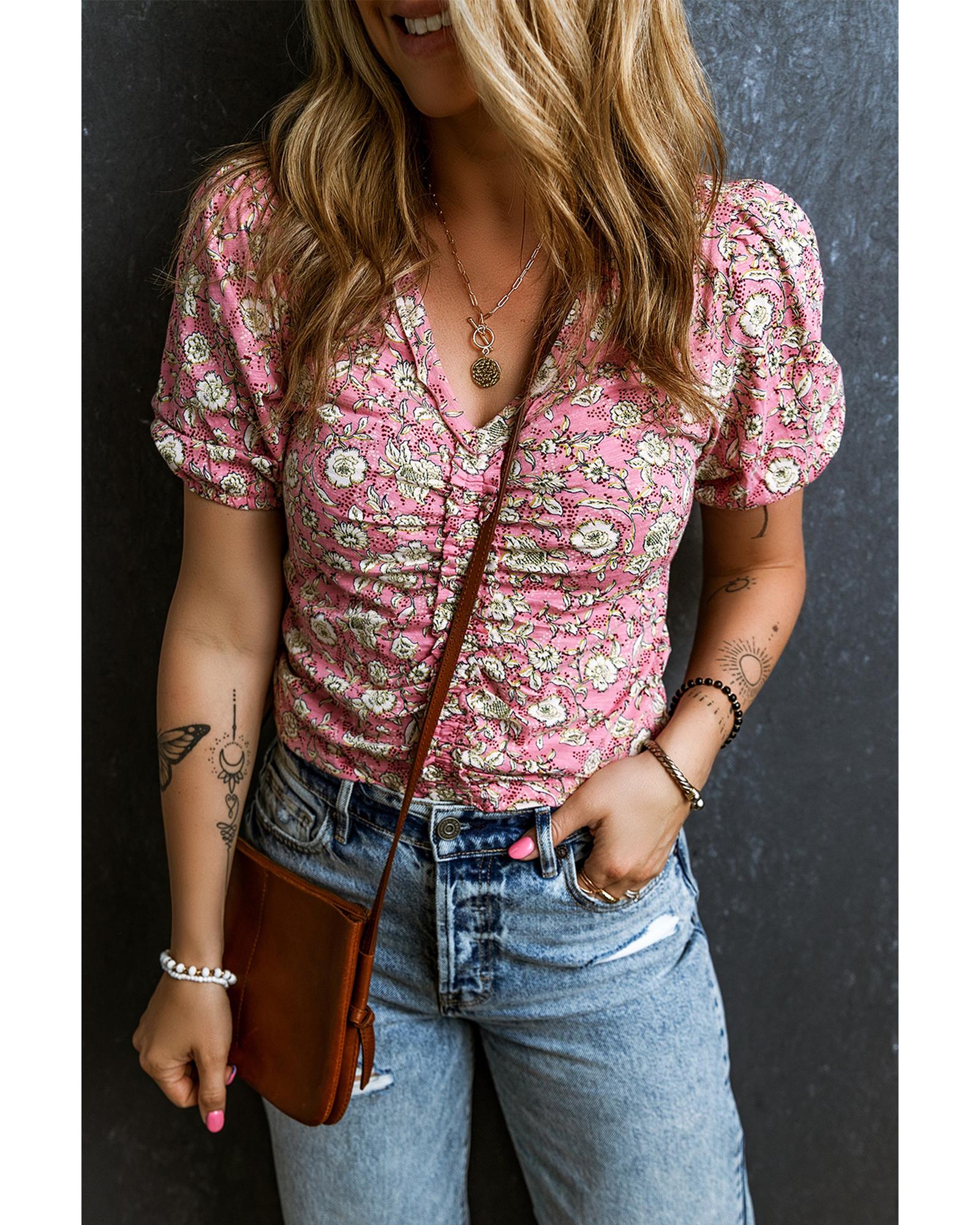 V539-AZEXDC25127101-P10-XL-202508272120-00 Pink Floral Short Puff Sleeve V Neck Ruched Blouse - XL - Image 1