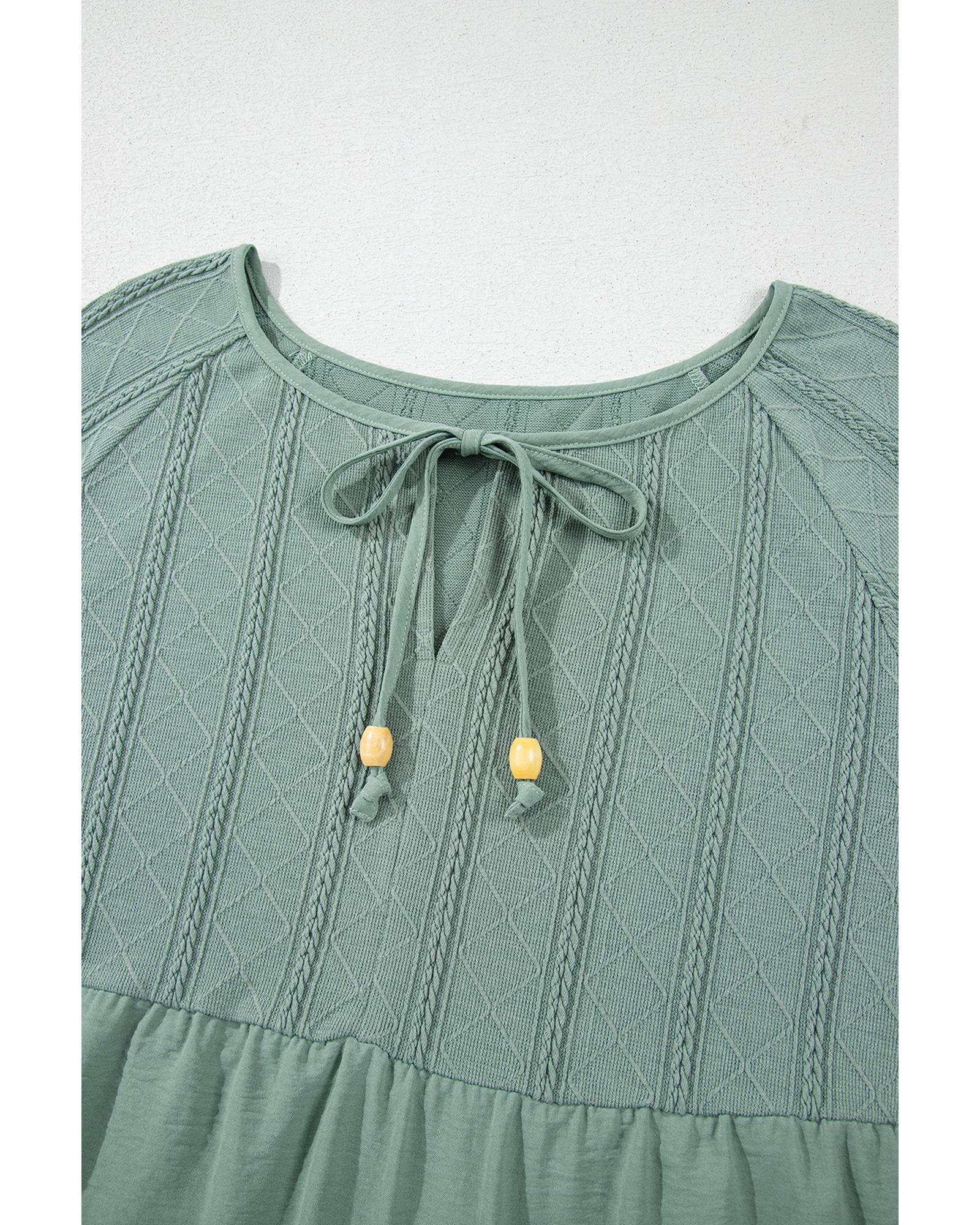 V539-AZEXDC25127140-P1209-L-202508272310-00 Laurel Green Tie Split Neck Textured Ruffle Patchwork Blouse - L - Image 1