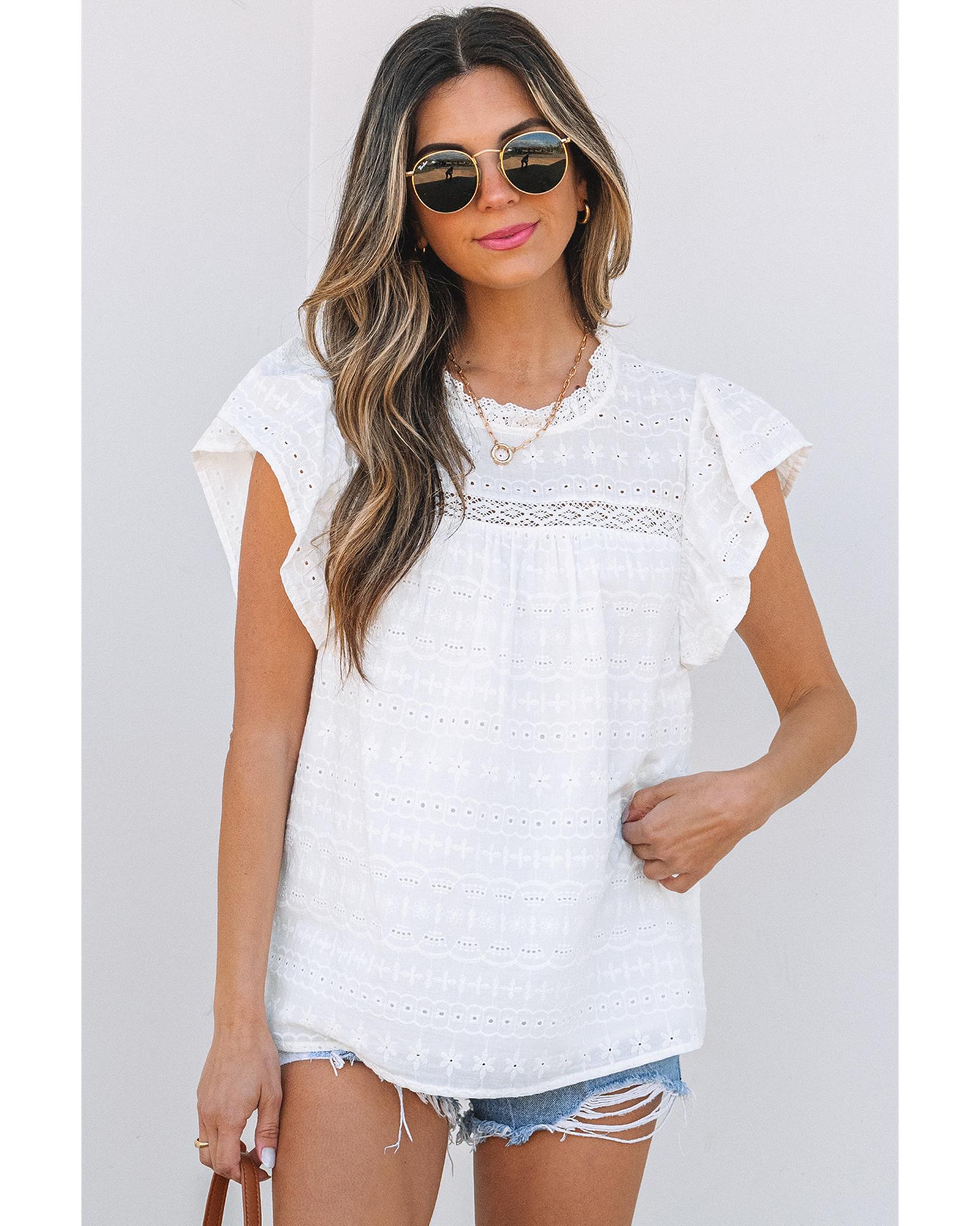 V539-AZEXDC25127165-P1-L-202508270530-00 White Lace Neckline Flutter Sleeve Eyelets Blouse - L - Image 1