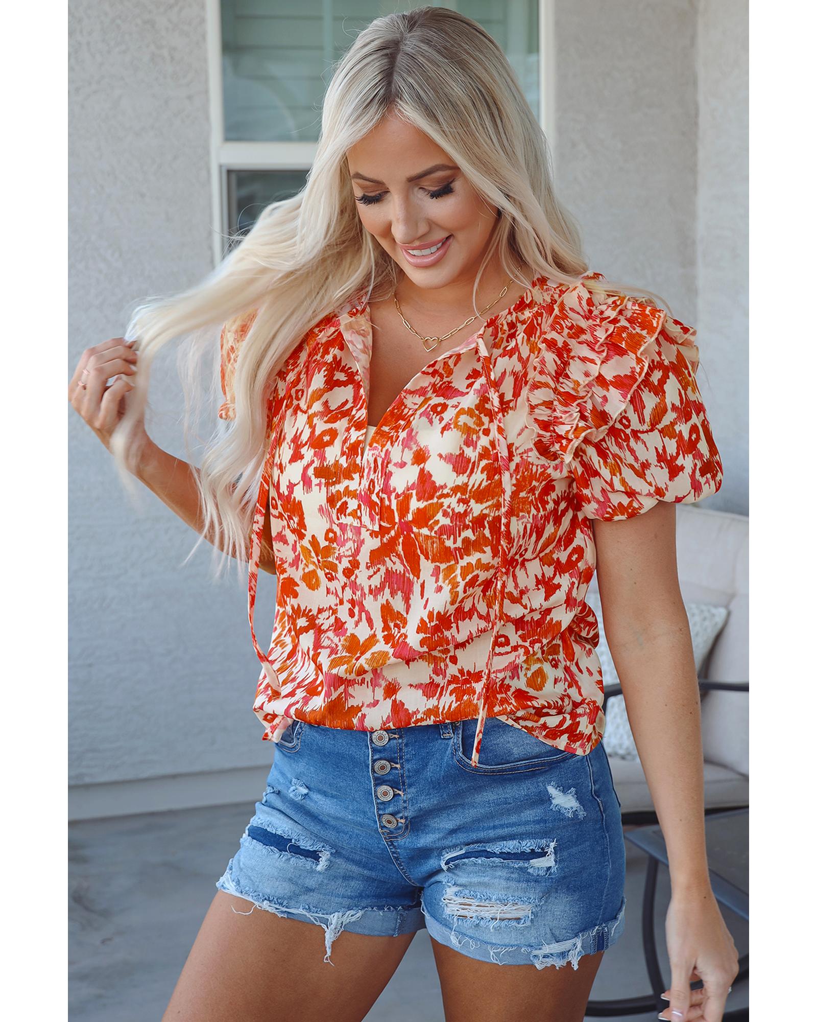 V539-AZEXDC25127229-P1022-L-202508271430-00 Orange Floral Print Ruffled Short Puff Sleeve Split Neck Blouse - L - Image 1