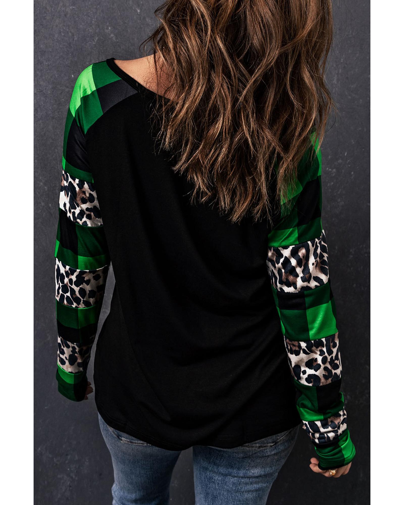 V539-AZEXDC25127278-9-M-202508272245-00 Green Sequin Clover Patch Graphic Plaid&Leopard Sleeve Top - M - Image 1