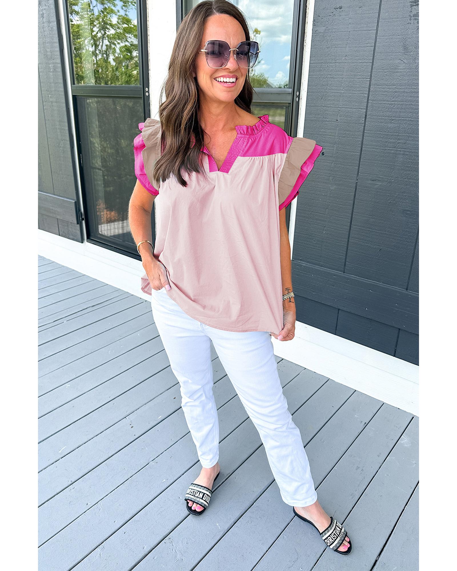 V539-AZEXDC25127521-P10-XL-202508271545-00 Pink Colorblock Ruffled Sleeve Frill V Neck Blouse - XL - Image 1