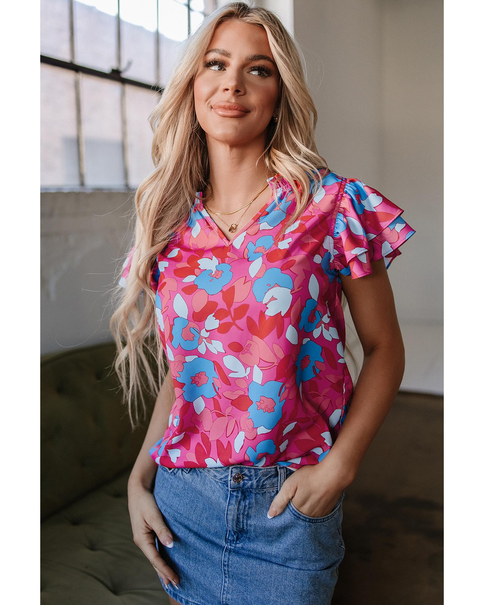 V539-AZEXDC25127523-P622-S-202506120506-00 Rose Red Ruffled Sleeve Floral Blouse - S - Image 1