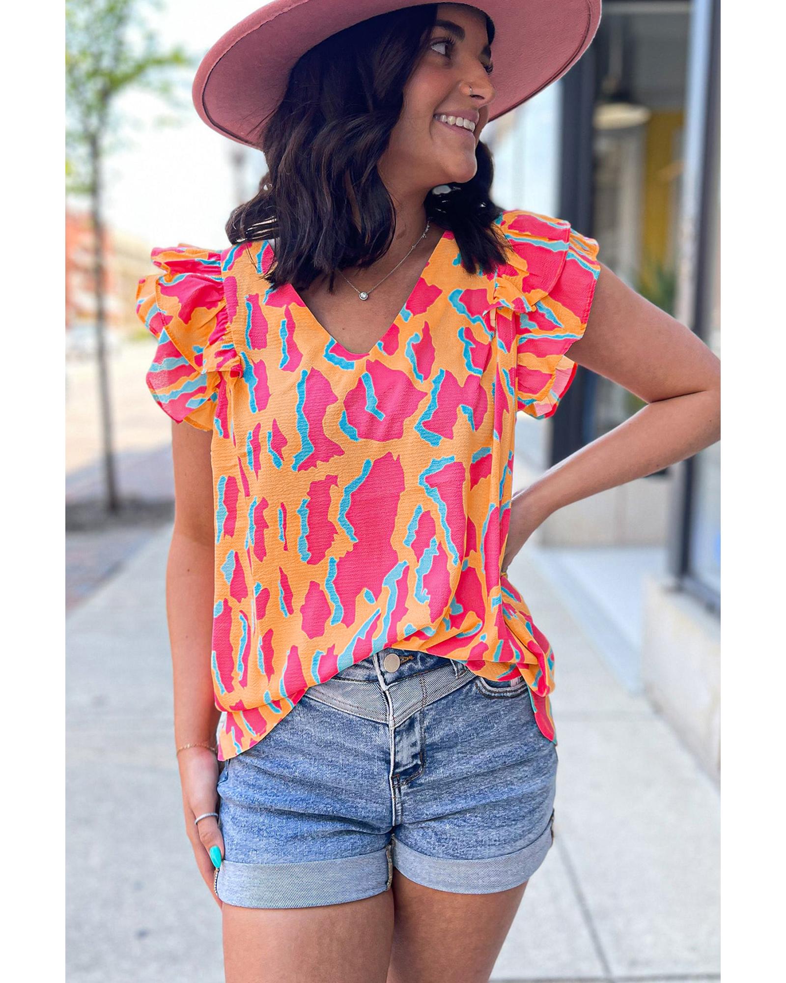 V539-AZEXDC25127600-P1420-M-202508272325-00 Orange Abstract Print V Neck Ruffled Sleeve Blouse - M - Image 1