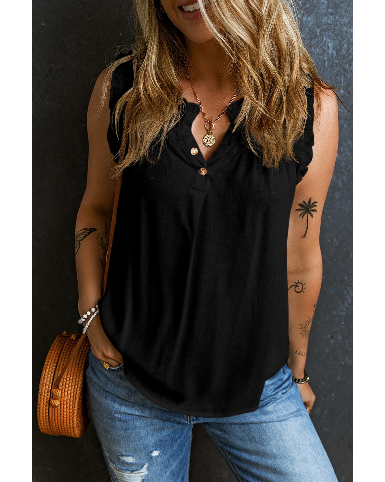 V539-AZEXDC25127752-P2-S-202508270920-00 Black Button Split Neck Ruffled Trim Tank Top - S - Image 1