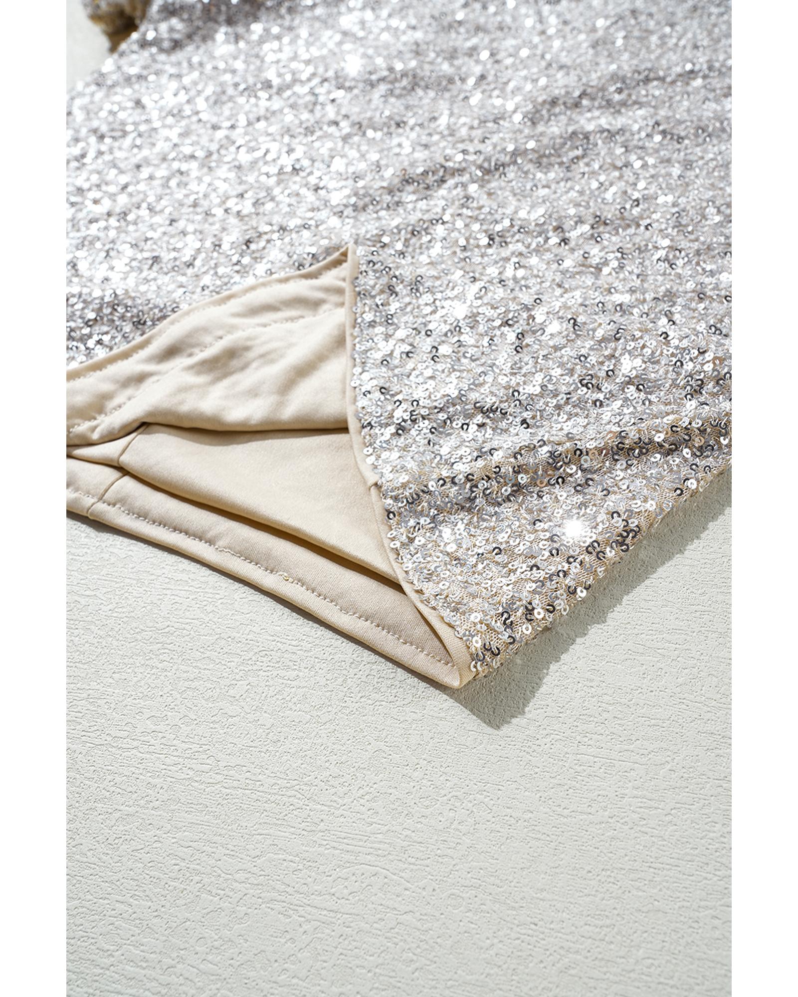 V539-AZEXDC25128260-P13-L-202508271040-00 Silvery Sequin Puff Sleeve Cutout Back Blouse - L - Image 1