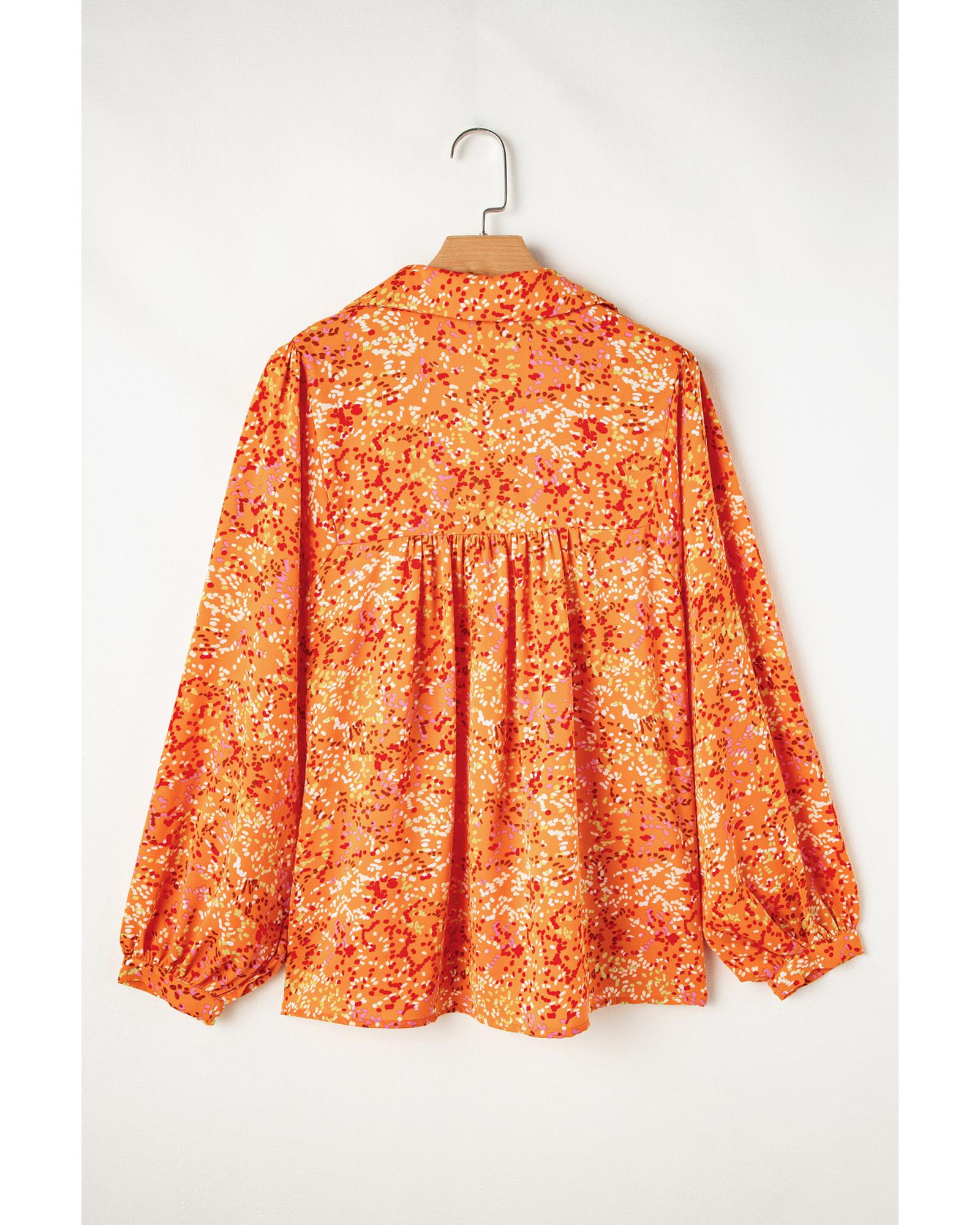 V539-AZEXDC25128282-P1420-M-202508270635-00 Orange Abstract Print Collared V Neck Babydoll Blouse - M - Image 1