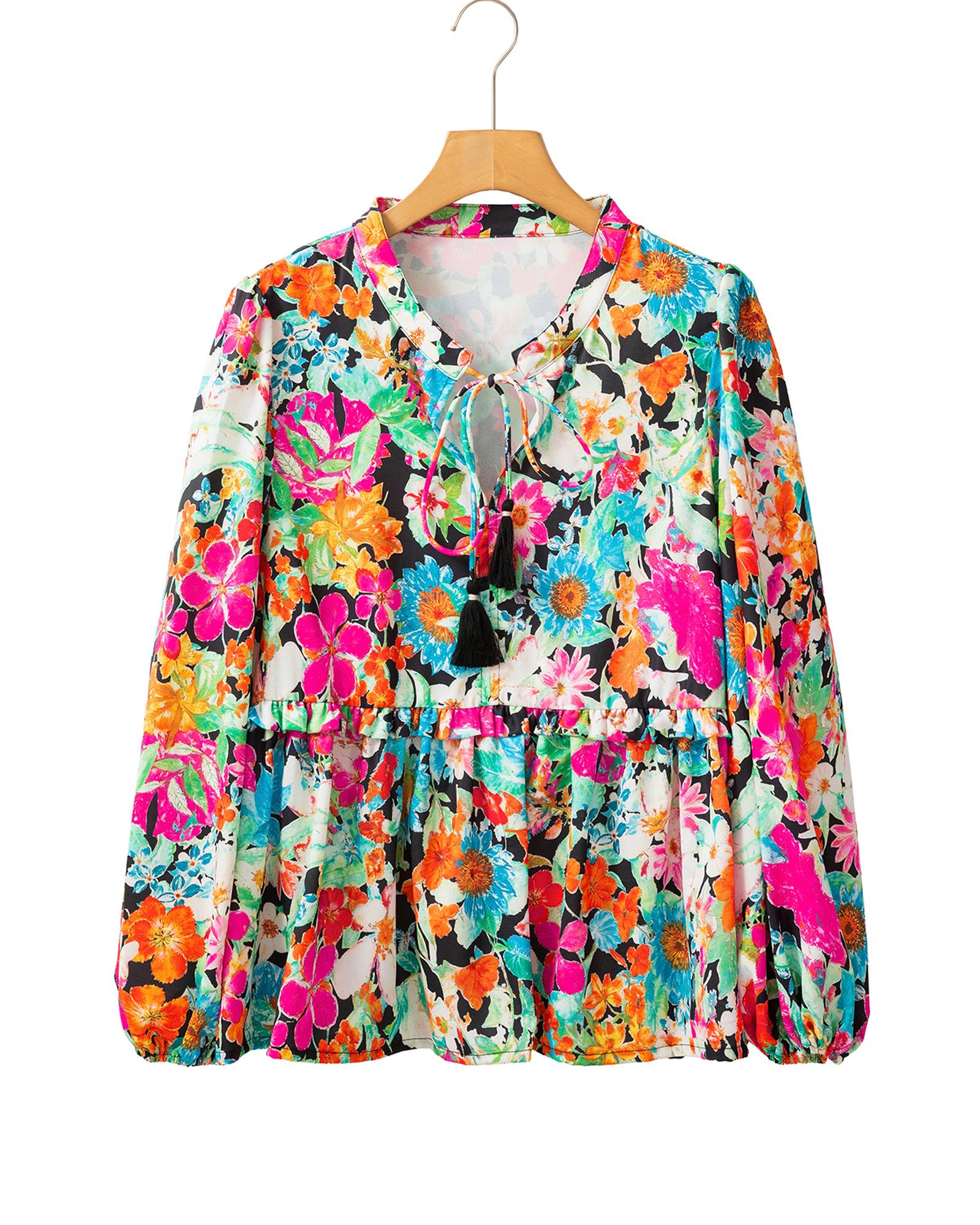 V539-AZEXDC25128283-P22-S-202506120740-00 Multicolour Floral Print Bubble Sleeve V Neck Ruffled Blouse - S - Image 1