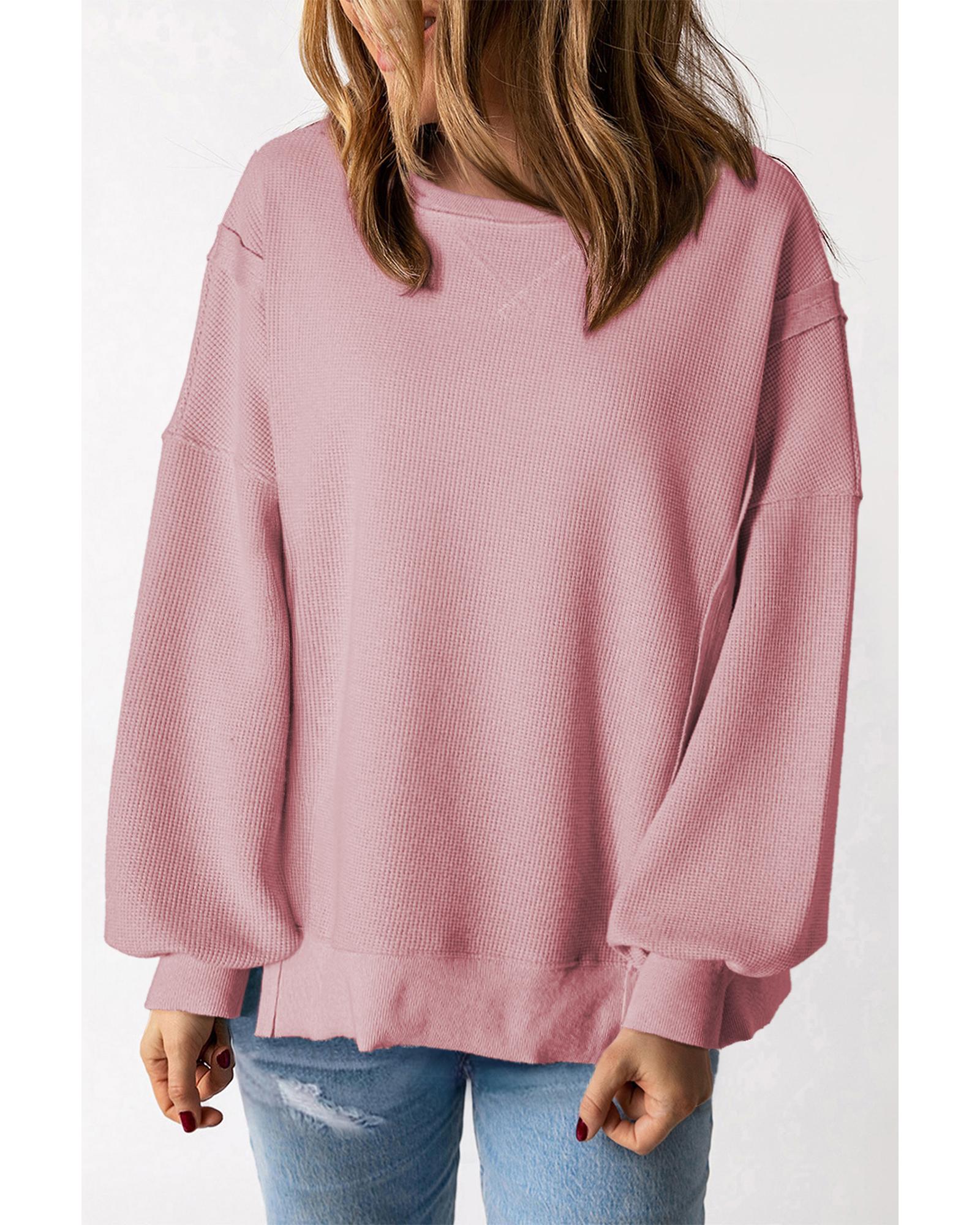 V539-AZEXDC25128307-P10-S-202506120746-00 Pink Waffle Knit Bishop Sleeve Split Oversized Sweatshirt - S - Image 1