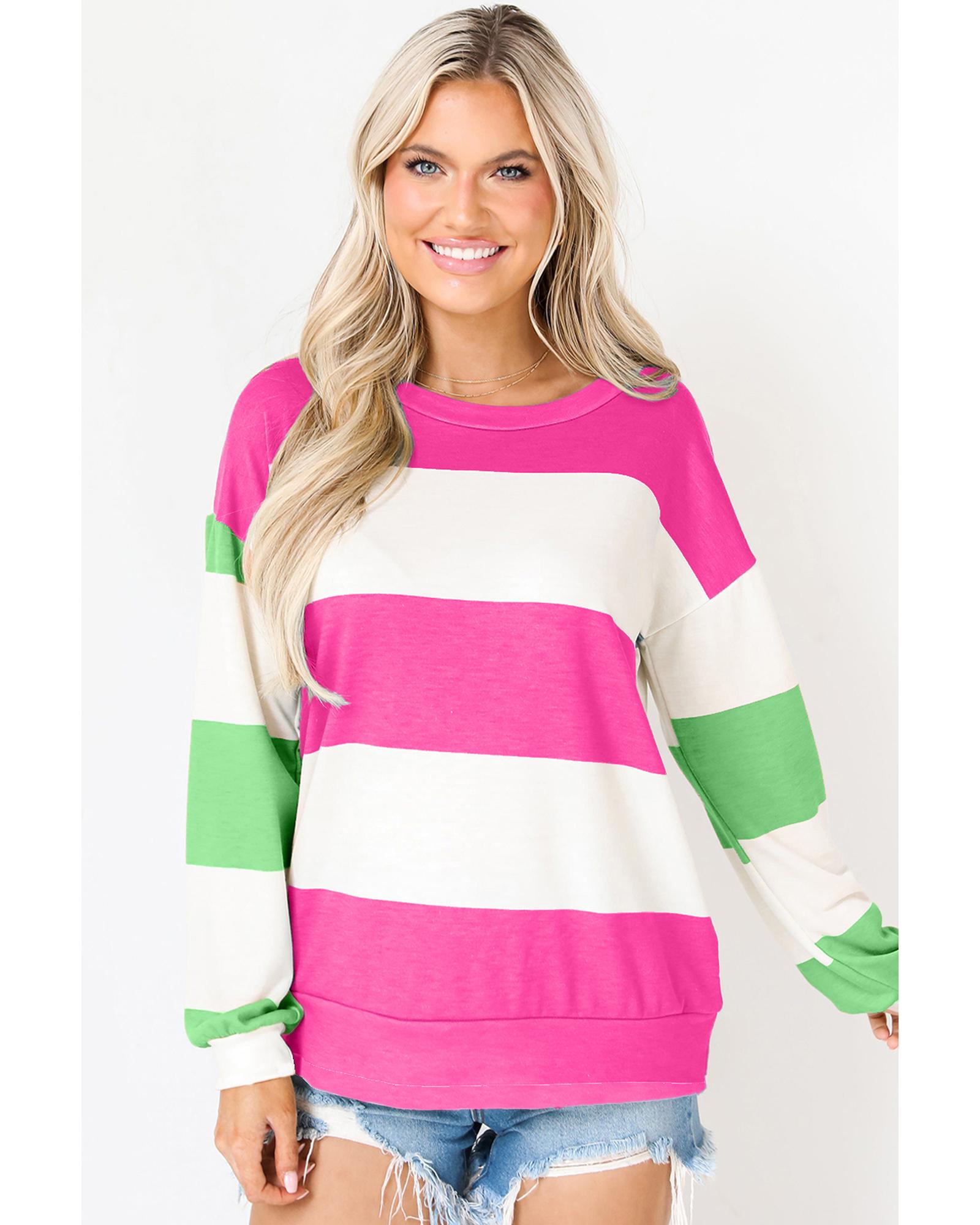 V539-AZEXDC25128406-P6-S-202506120225-00 Rose Red Colorblock Striped Drop Shoulder Long Sleeve Top - S - Image 1