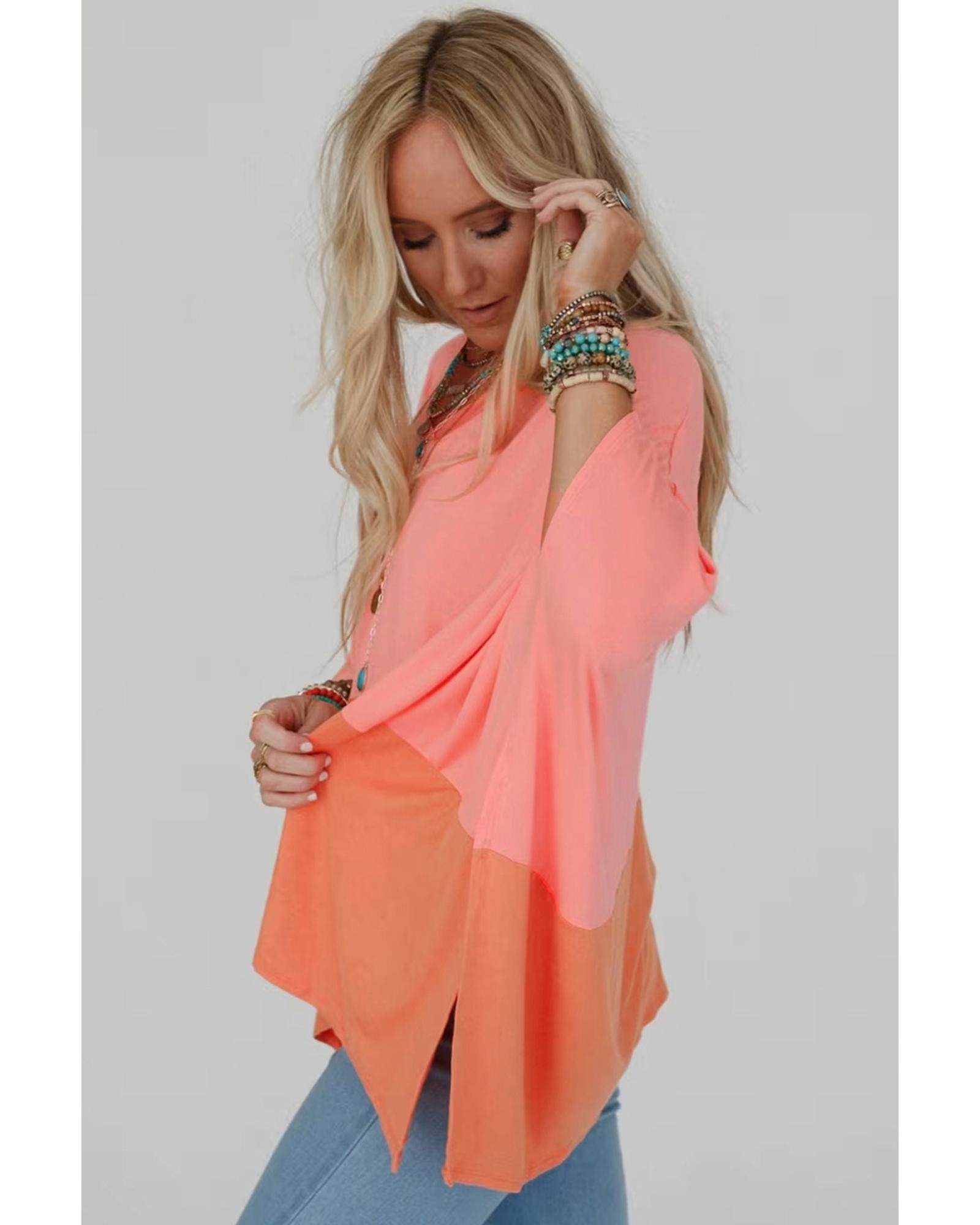 V539-AZEXDC25128465-P3014-S-202506120242-00 Grapefruit Orange Contrast Color Patchwork Oversized Side Split Top - S - Image 1