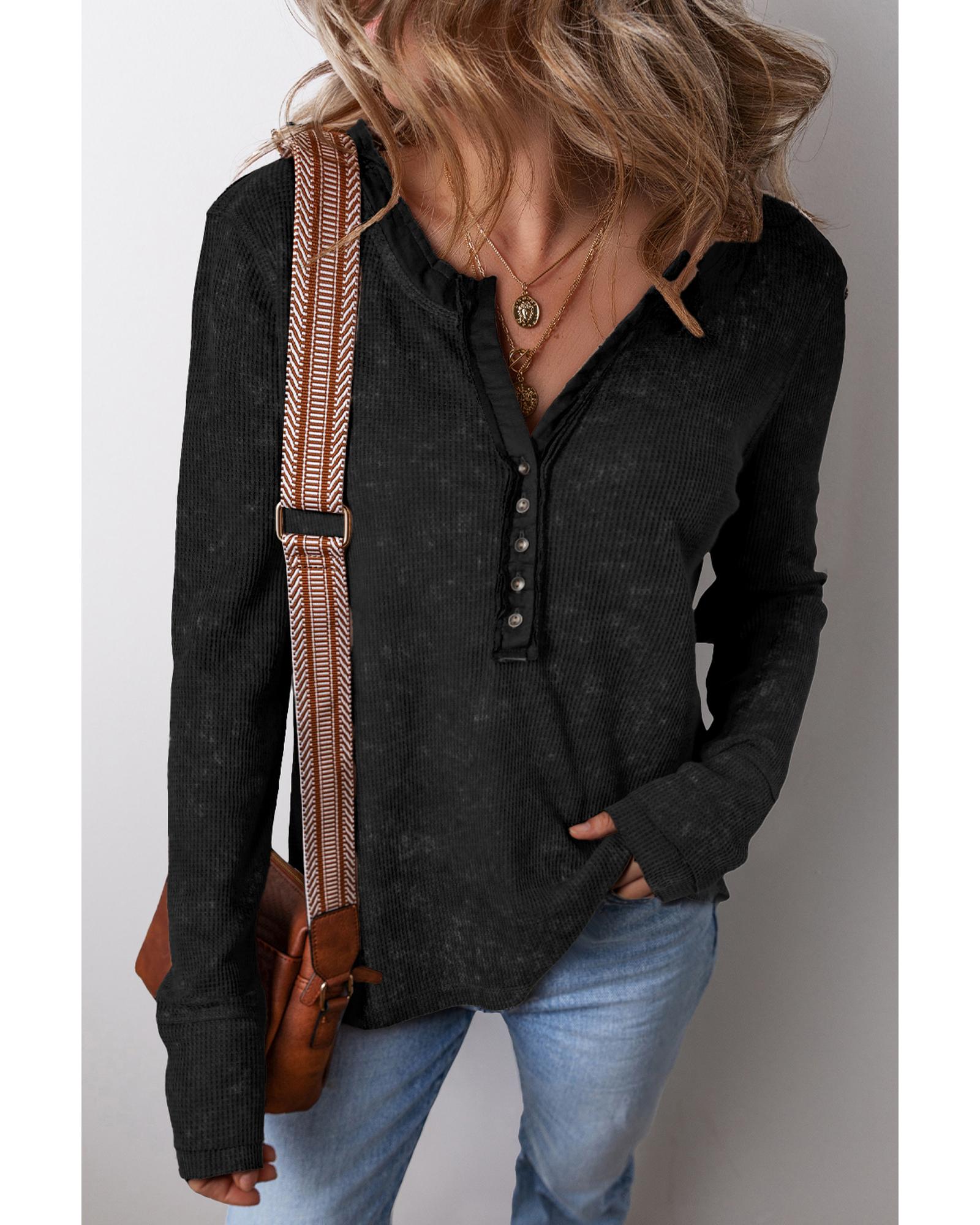 V539-AZEXDC25128480-P2-XL-202508271130-00 Black Acid Wash Waffle Knit Buttoned Neckline Long Sleeve Top - XL - Image 1
