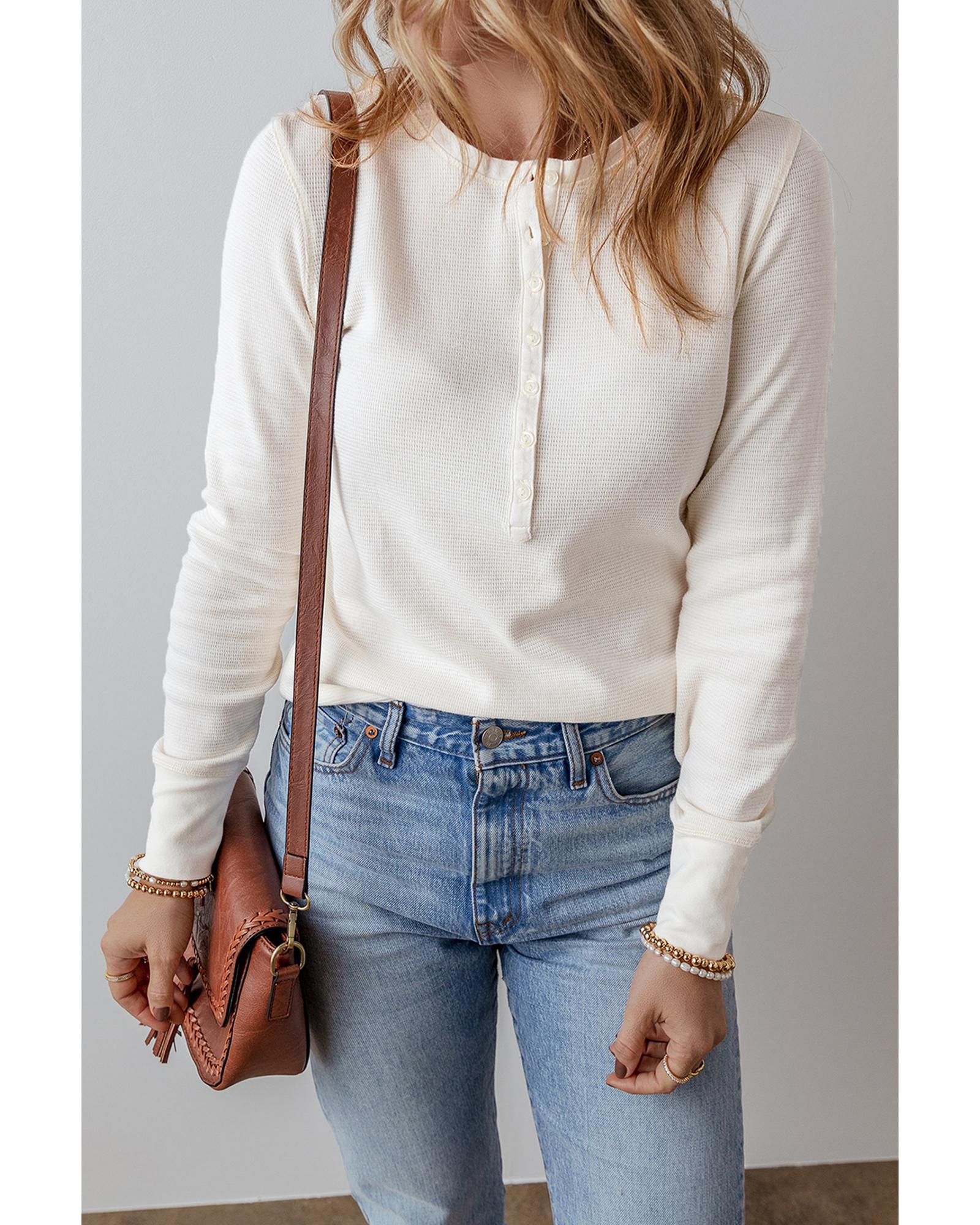 V539-AZEXDC25128669-P101-M-202508271615-00 White Solid Color Waffle Half Button Long Sleeve Top - M - Image 1