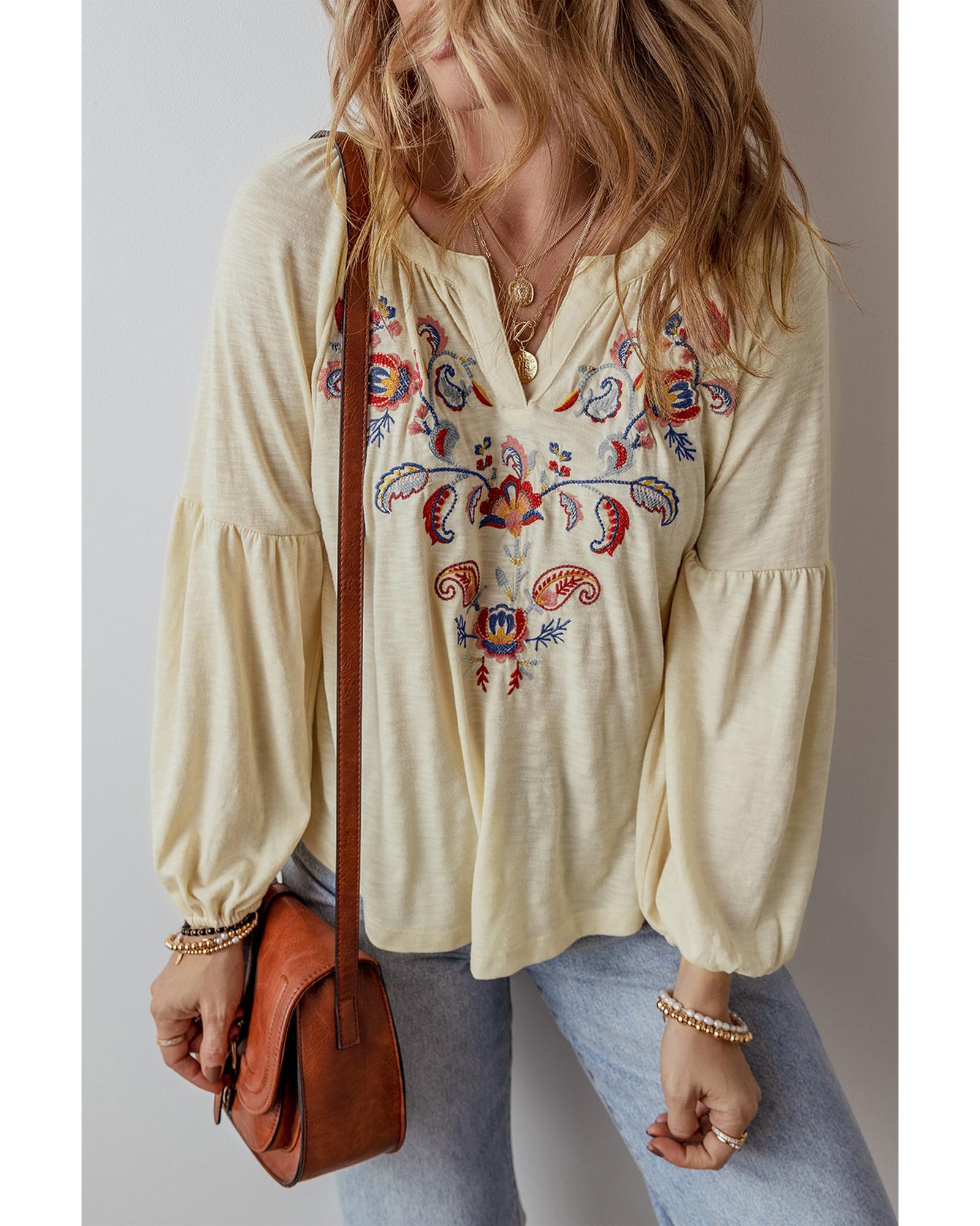 V539-AZEXDC25128677-P1822-XL-202508270455-00 Apricot Paisley Floral Embroidered Notch V Neck Blouse - XL - Image 1