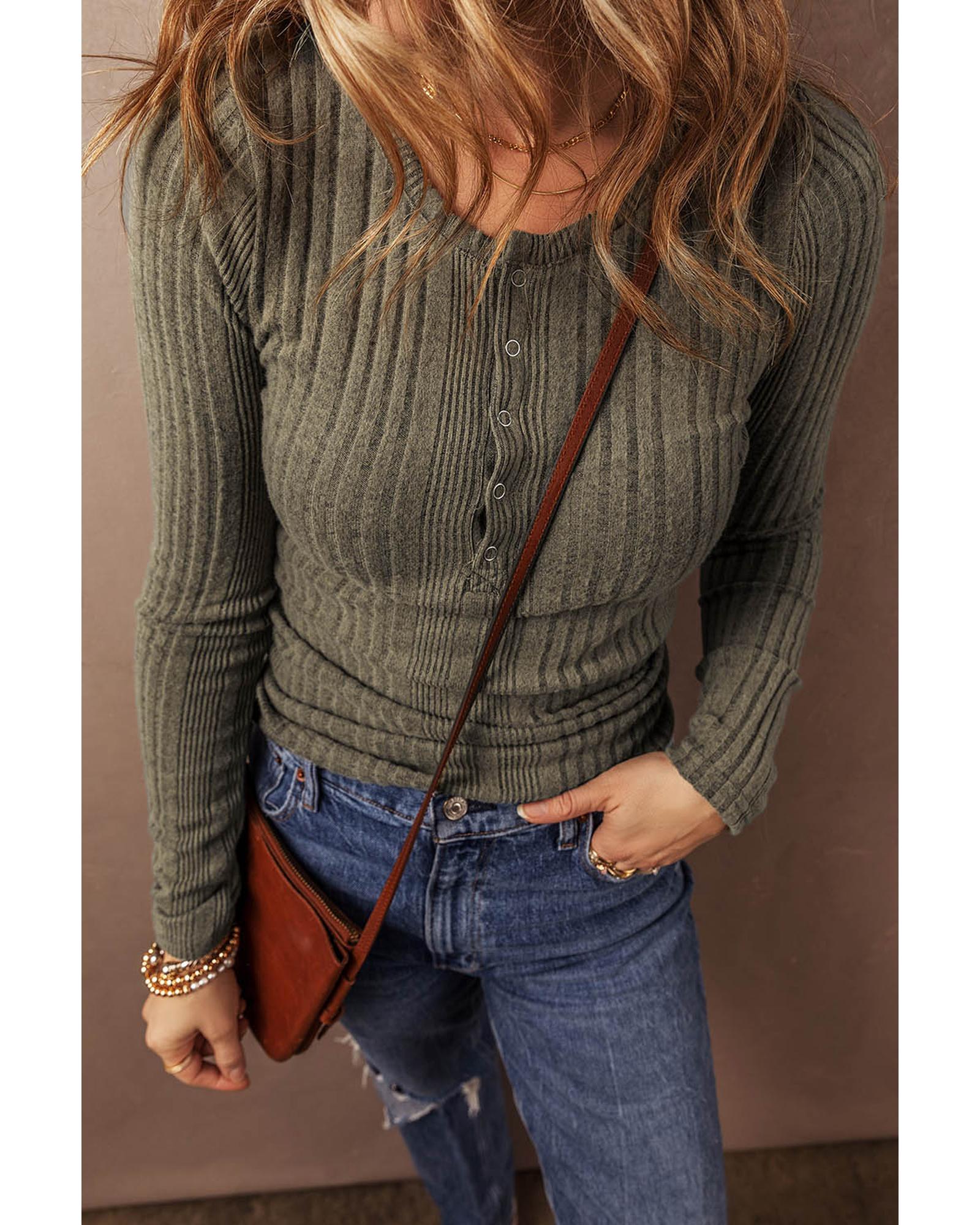 V539-AZEXDC25128684-P609-S-202506120500-00 Jungle Green Ribbed Knit Half Button Slim Fit Blouse - S - Image 1