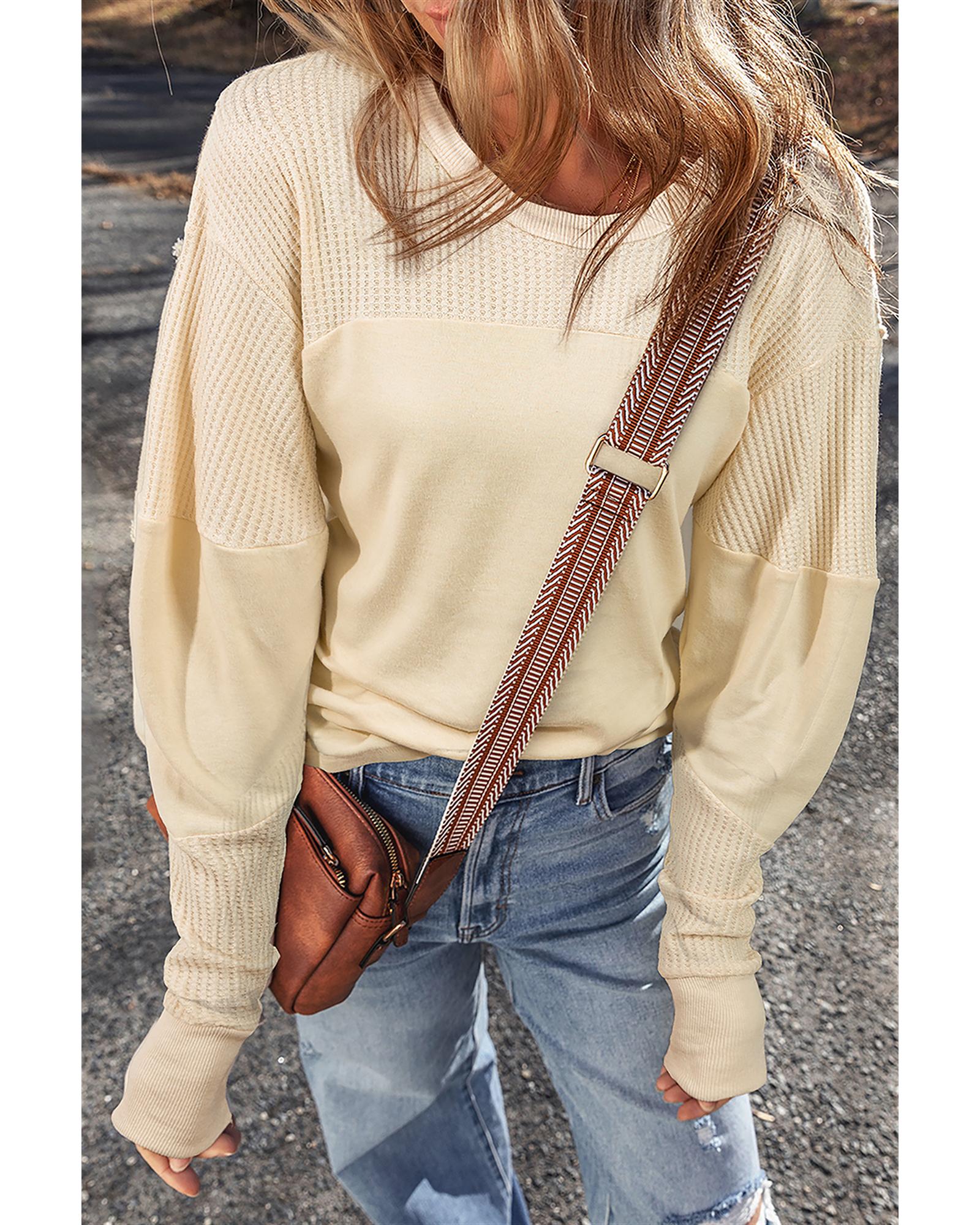 V539-AZEXDC25128687-P15-S-202506120511-00 Beige Thermal Knit Patchwork Exposed Seam Long Sleeve Top - S - Image 1