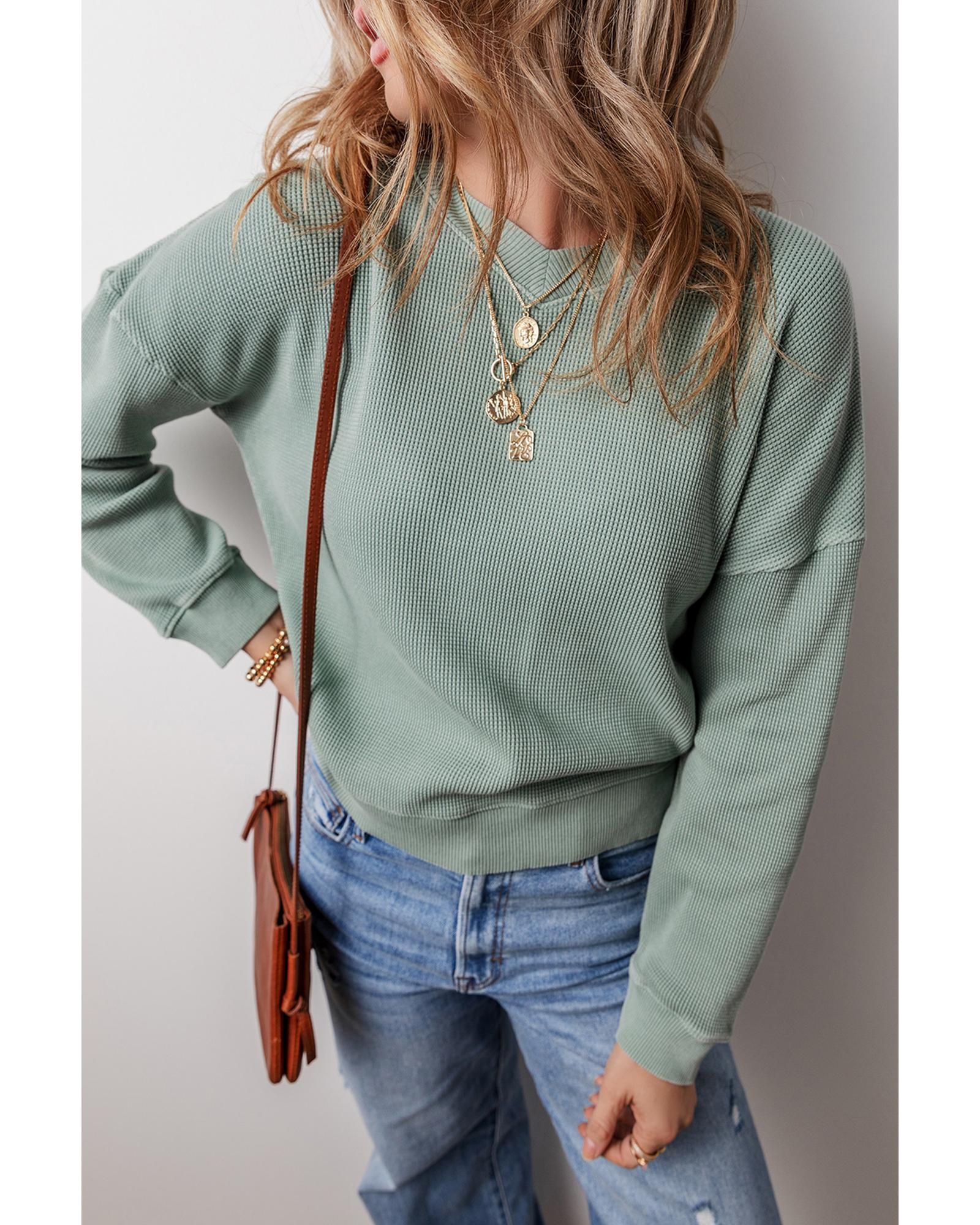 V539-AZEXDC25128692-P2709-L-202508270655-00 Clearly Aqua Waffle Knit Drop Shoulder V Neck Top - L - Image 1
