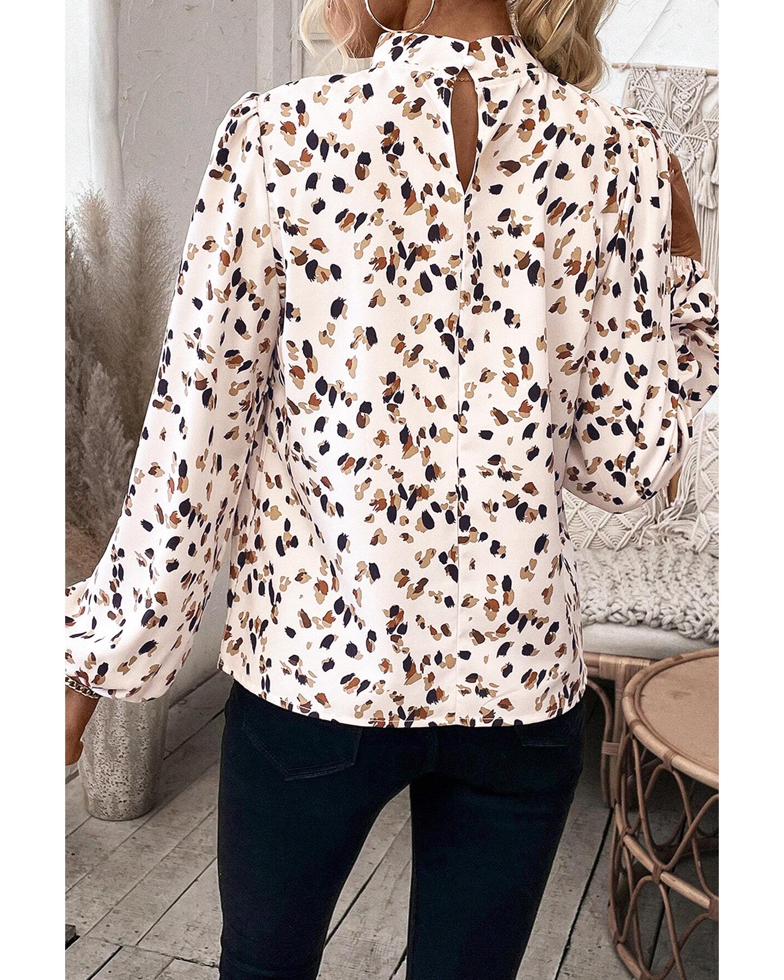 V539-AZEXDC25128703-P120-L-202506120521-00 White Leopard Print Lantern Sleeve Mock Neck Pleated Blouse - L - Image 1