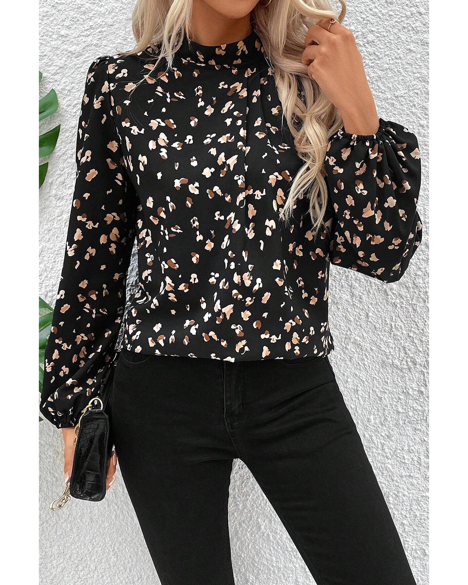 V539-AZEXDC25128703-P220-XL-202506120531-00 Black Leopard Print Lantern Sleeve Mock Neck Pleated Blouse - XL - Image 1
