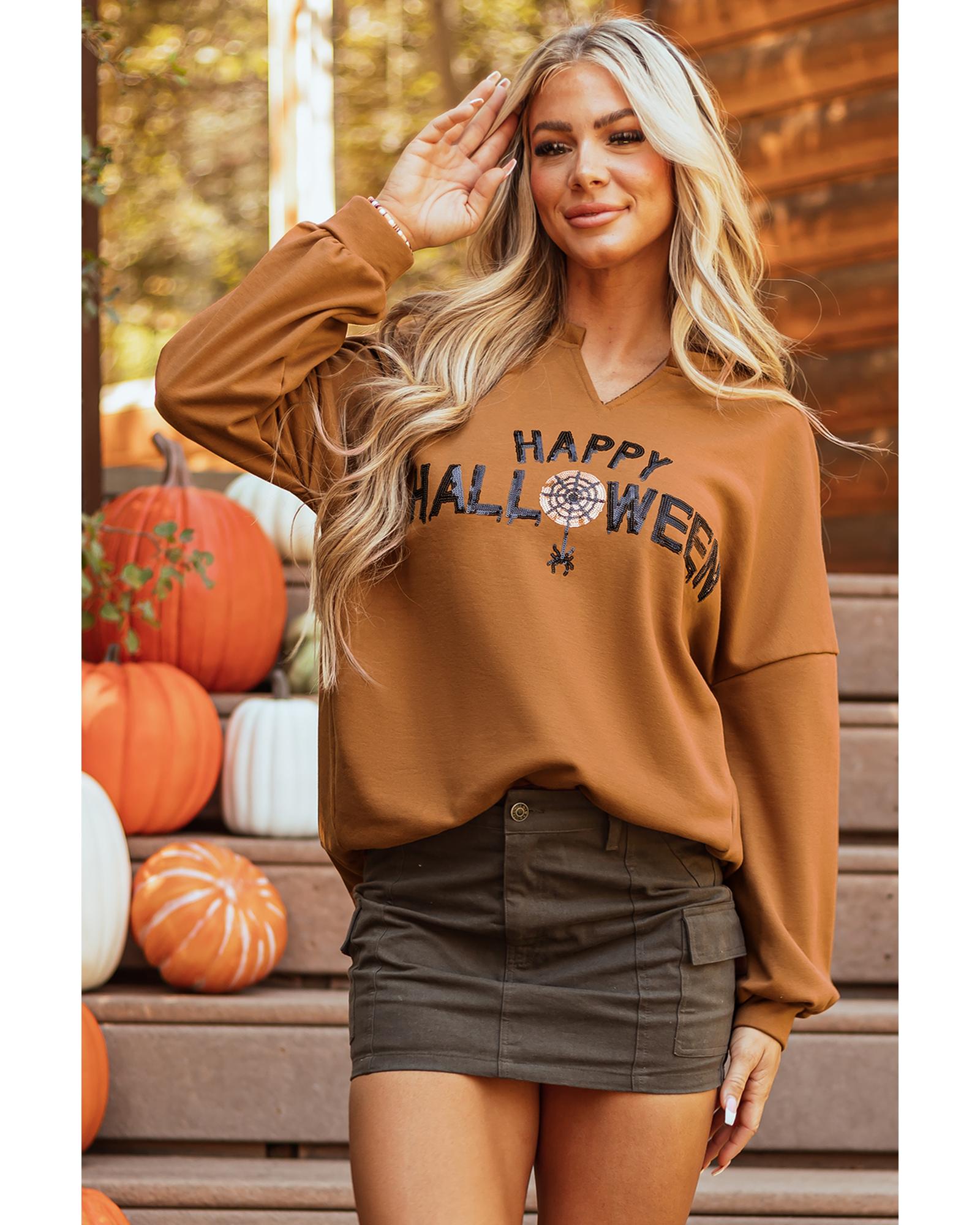 V539-AZEXDC25128756-P2017-2XL-202508272240-00 Chestnut Sequin Happy Halloween Graphic Notched Neck Long Sleeve Loose Top - 2XL - Image 1