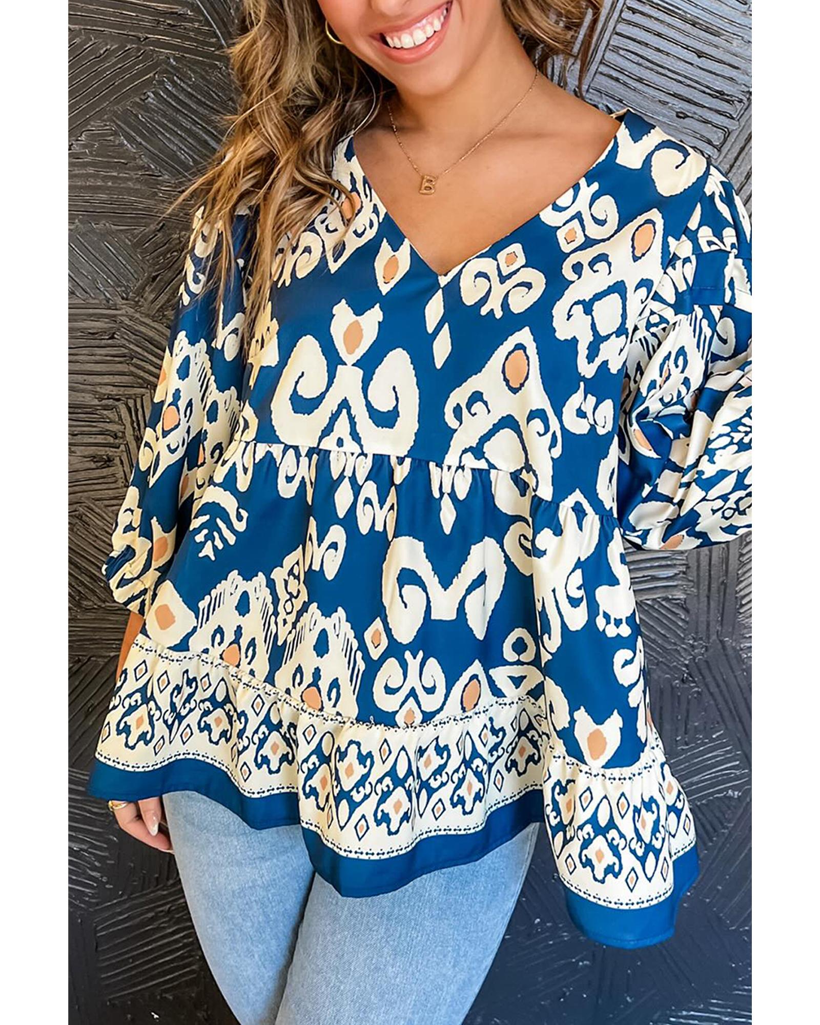 V539-AZEXDC25128787-P520-XL-202508272015-00 Blue Tribal Geometric Print 3/4 Sleeve Flowy Fit Blouse - XL - Image 1