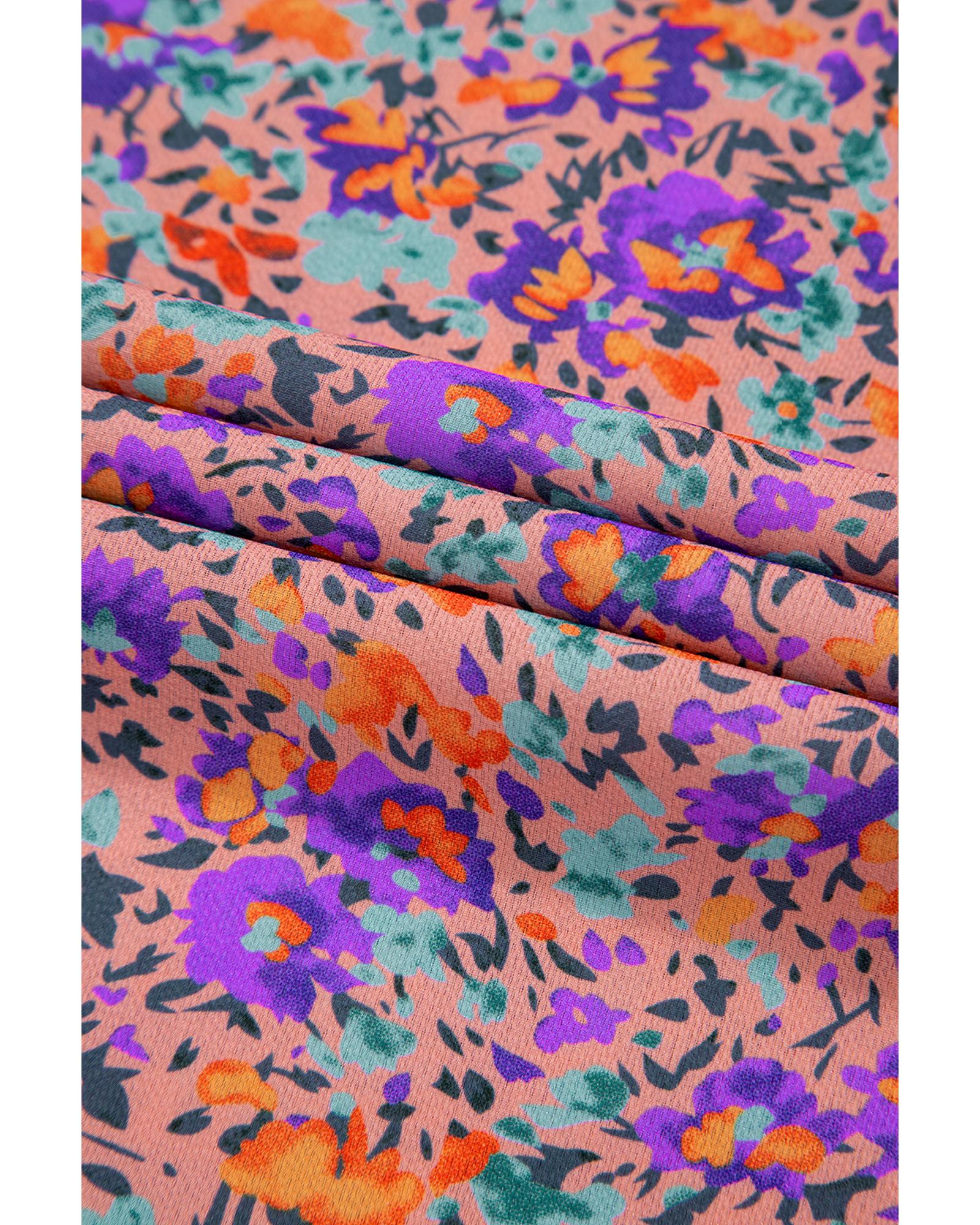 V539-AZEXDC25128820-P820-L-202508270145-00 Purple Floral Allover Print Shirred Cuff Frilled O Neck Blouse - L - Image 1