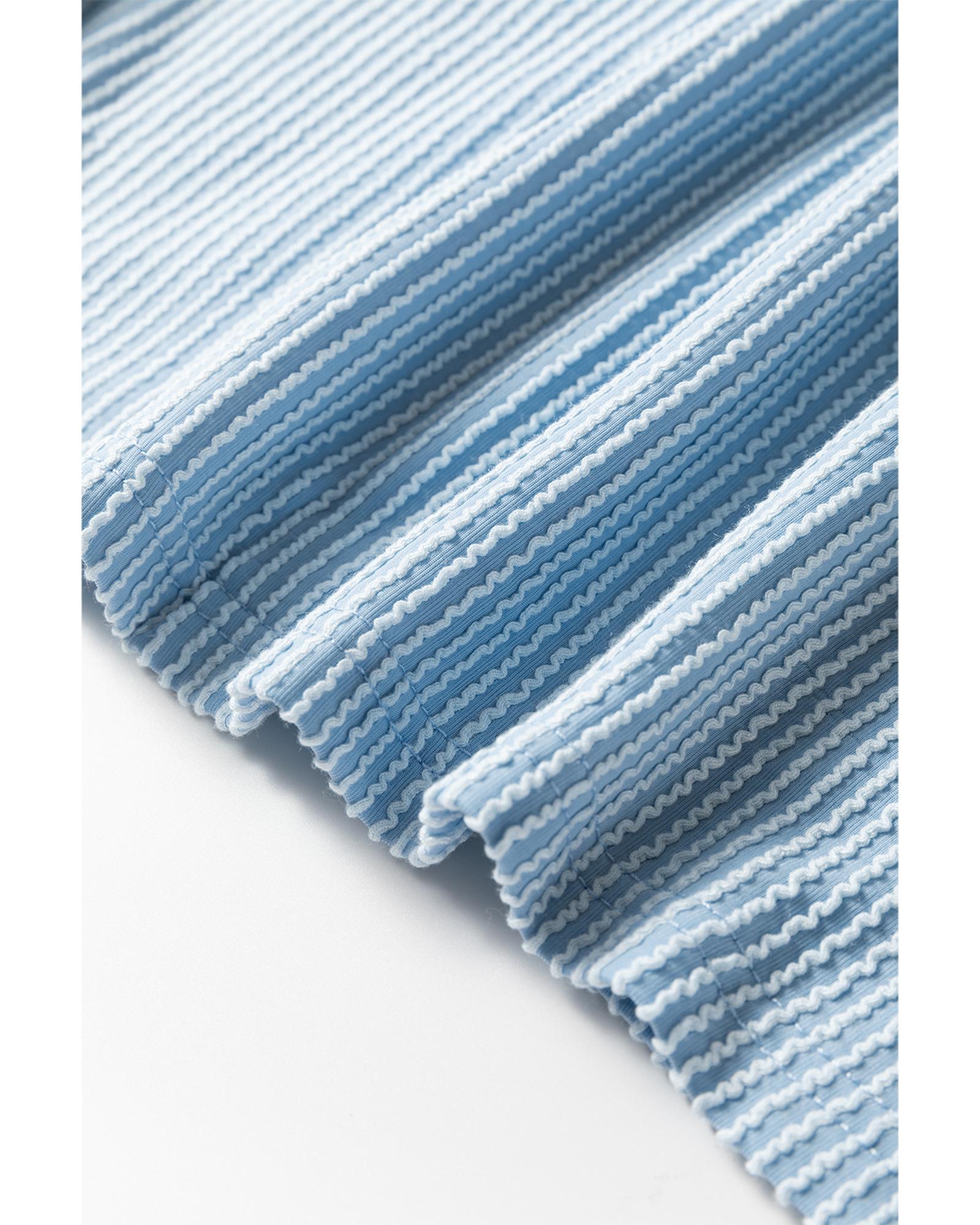 V539-AZEXDC25128830-P204-S-202506120726-00 Mist Blue Corded Frilly Puff Sleeve Round Neck Blouse - S - Image 1