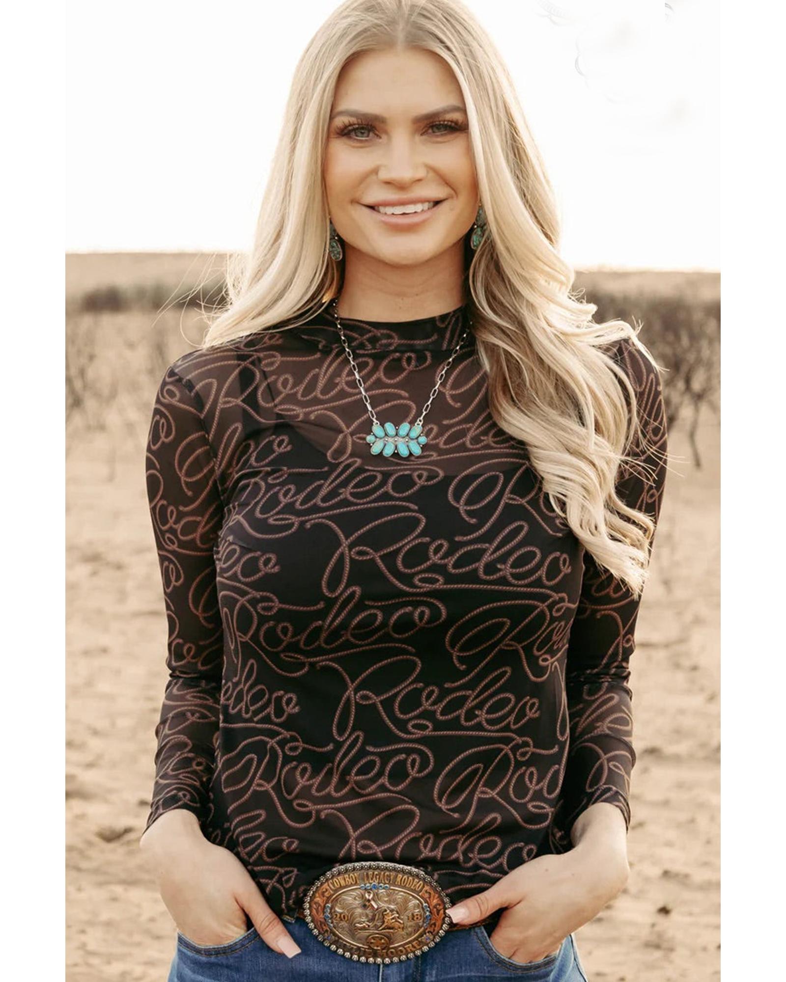 V539-AZEXDC25128842-P220-S-202506120740-00 Black Western Rodeo Printed Mock Neck Long Sleeve Mesh Top - S - Image 1