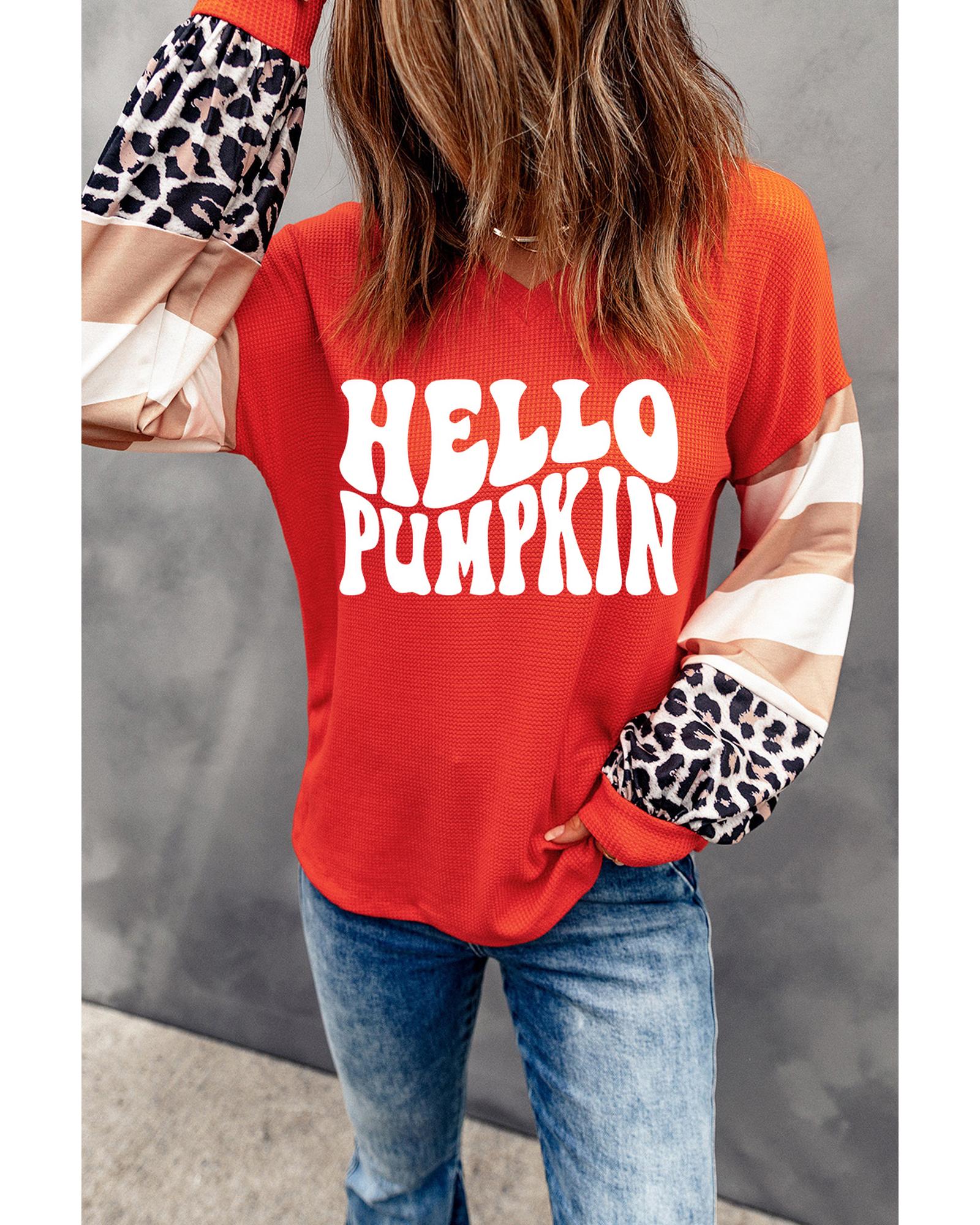 V539-AZEXDC25128865-3-L-202508272130-00 Red Hello Pumpkin Graphic Leopard Striped Colorblock Sleeve V Neck Top - L - Image 1