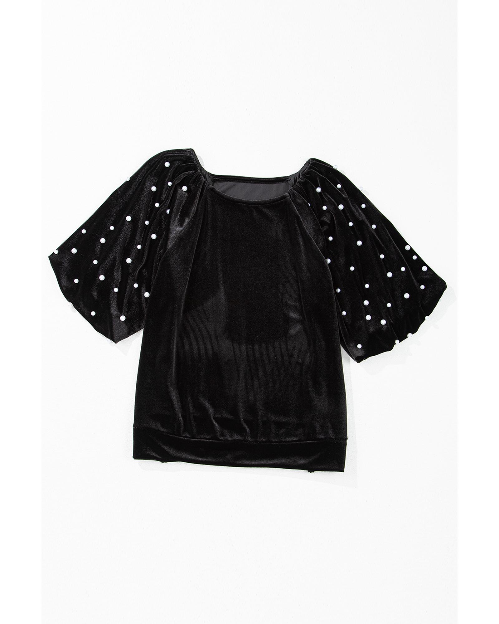 V539-AZEXDC25128934-P2-M-202506120827-00 Black Pearl Beaded Half Sleeve Velvet Top - M - Image 1