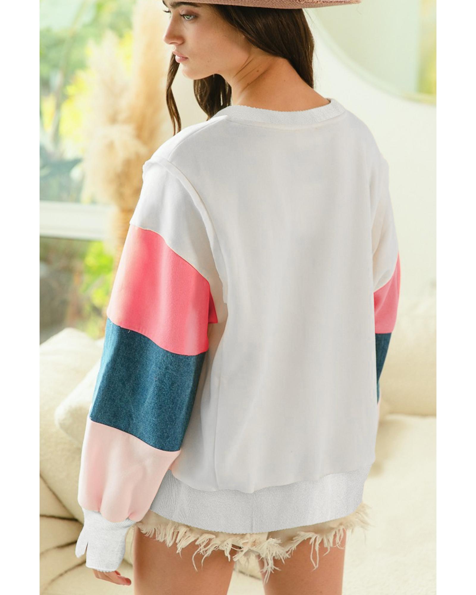 V539-AZEXDC25128947-P101-XL-202508271415-00 White French Terry Color Block Long Sleeve Top - XL - Image 1