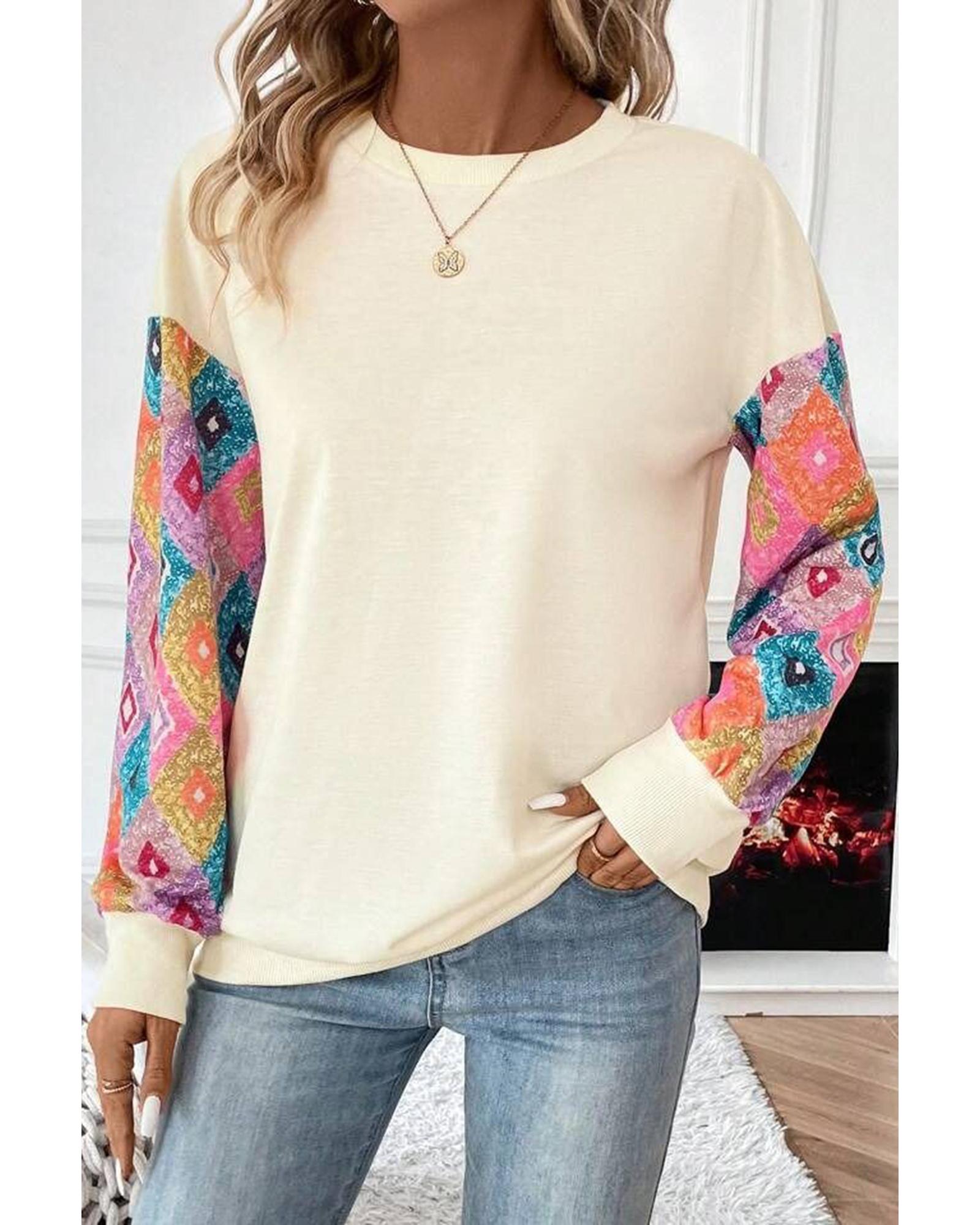 V539-AZEXDC25128960-P18-S-202506120215-00 Apricot Geometric Printed Patchwork Long Sleeve Round Neck Top - S - Image 1