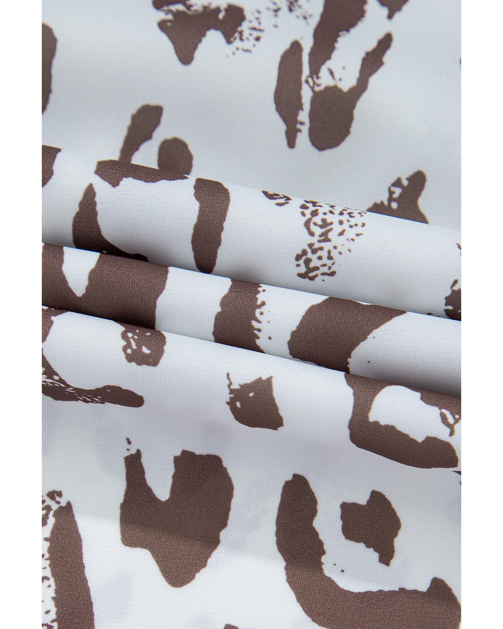 V539-AZEXDC25128969-P1620-S-202506120217-00 Khaki Leopard Print Ruched V Neck 3/4 Sleeve Blouse - S - Image 1