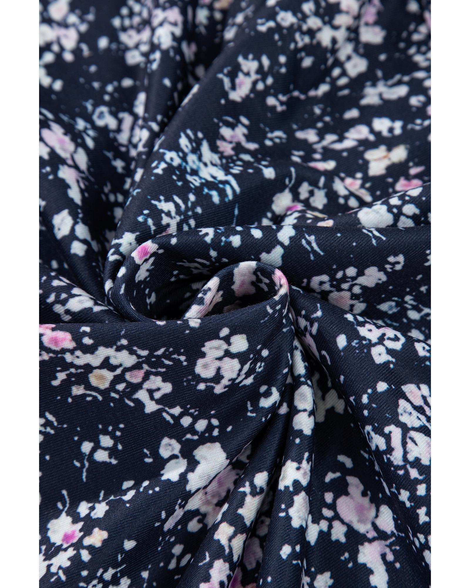 V539-AZEXDC25128989-P520-L-202506120245-00 Blue Floral Color Block Patchwork Ruffled Hem Round Neck Blouse - L - Image 1