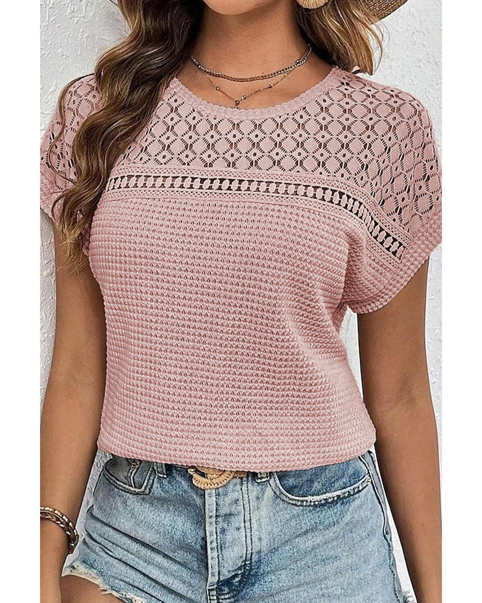 V539-AZEXDC25129075-P1010-S-202506120352-00 Light Pink Lace Patchwork Waffle Short Sleeve Top - S - Image 1