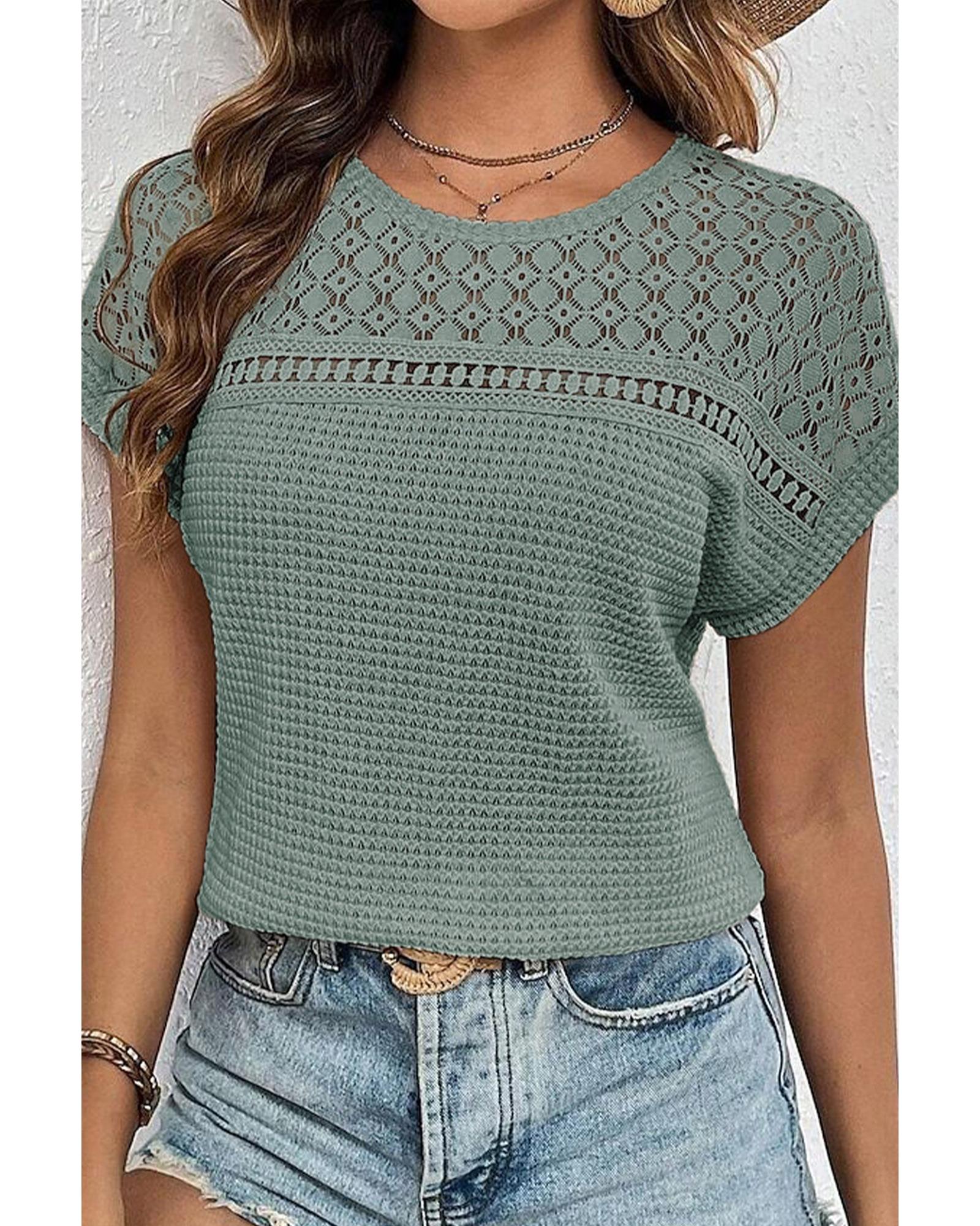 V539-AZEXDC25129075-P509-2XL-202508271440-00 Mist Green Lace Patchwork Waffle Short Sleeve Top - 2XL - Image 1