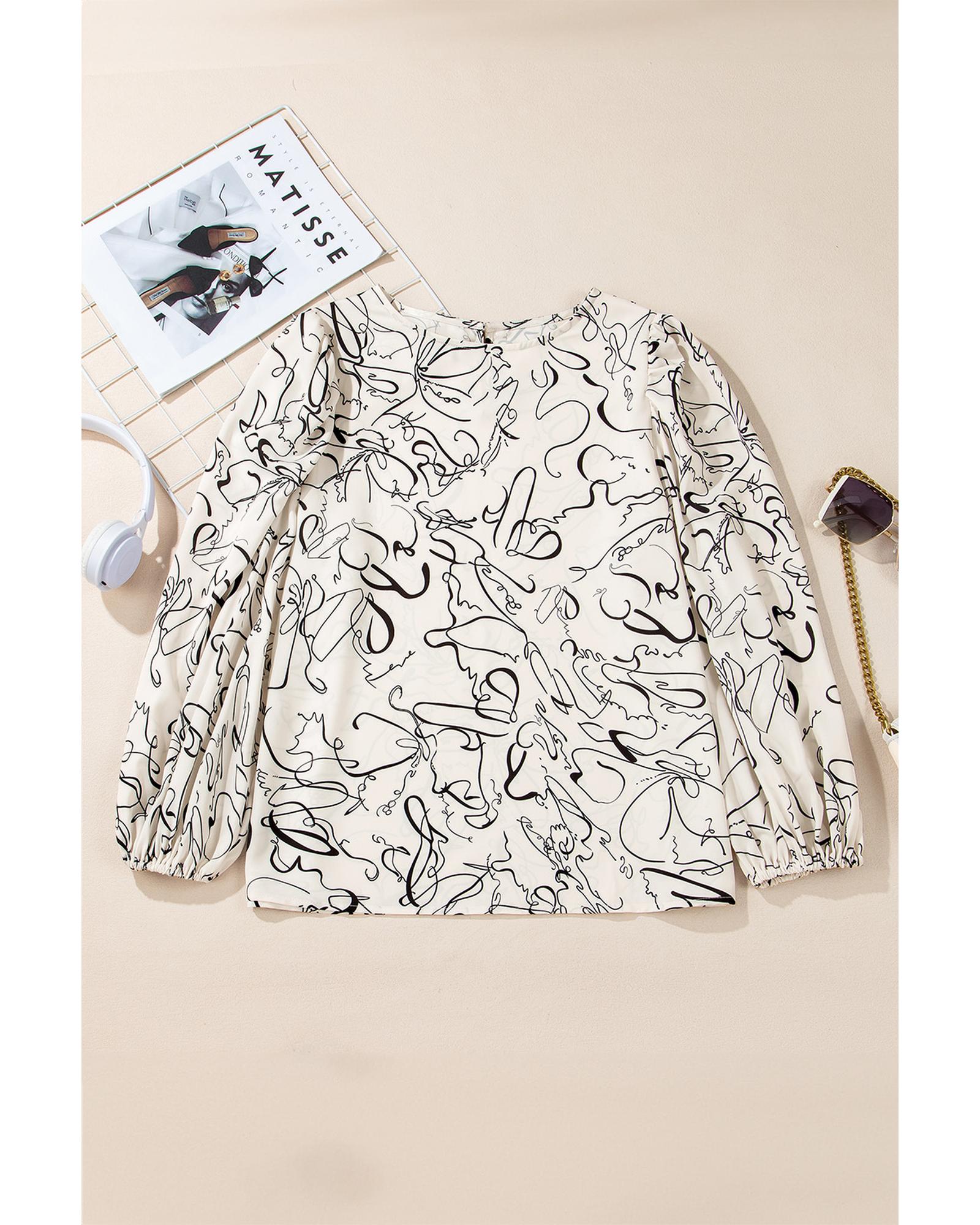 V539-AZEXDC25129110-P1520-XL-202508270700-00 Beige Abstract Print Balloon Sleeve Crew Neck Blouse - XL - Image 1