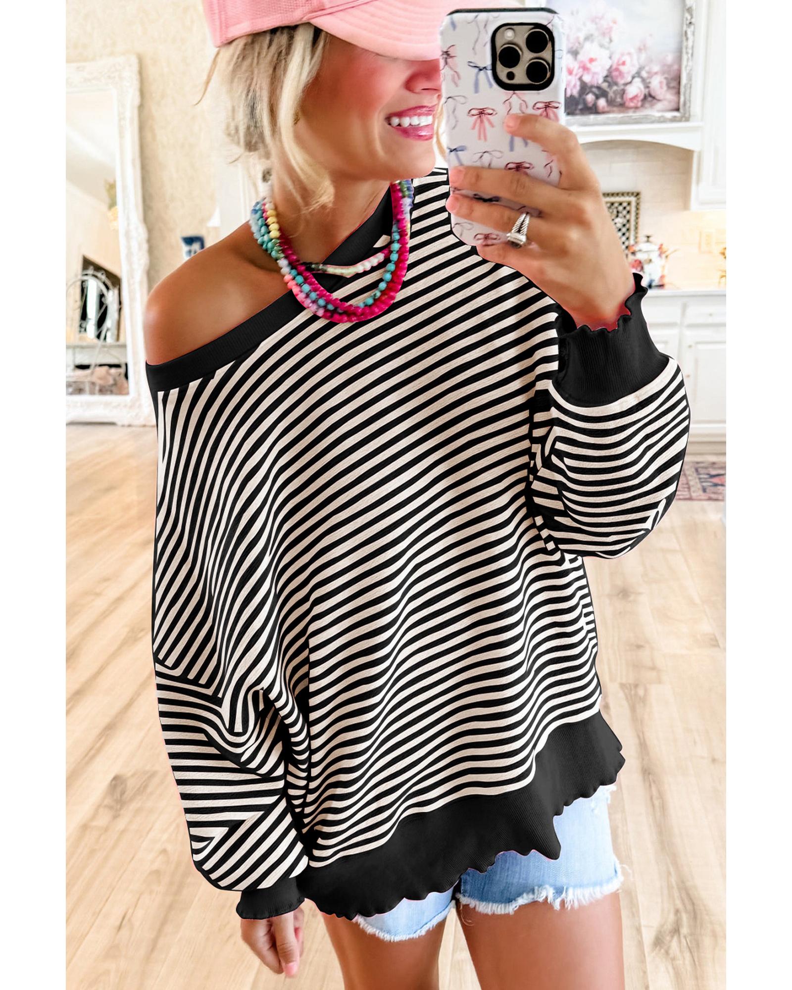 V539-AZEXDC25129121-P219-XL-202508270155-00 Black Stripe Loose Drop Shoulder Long Sleeve Top - XL - Image 1
