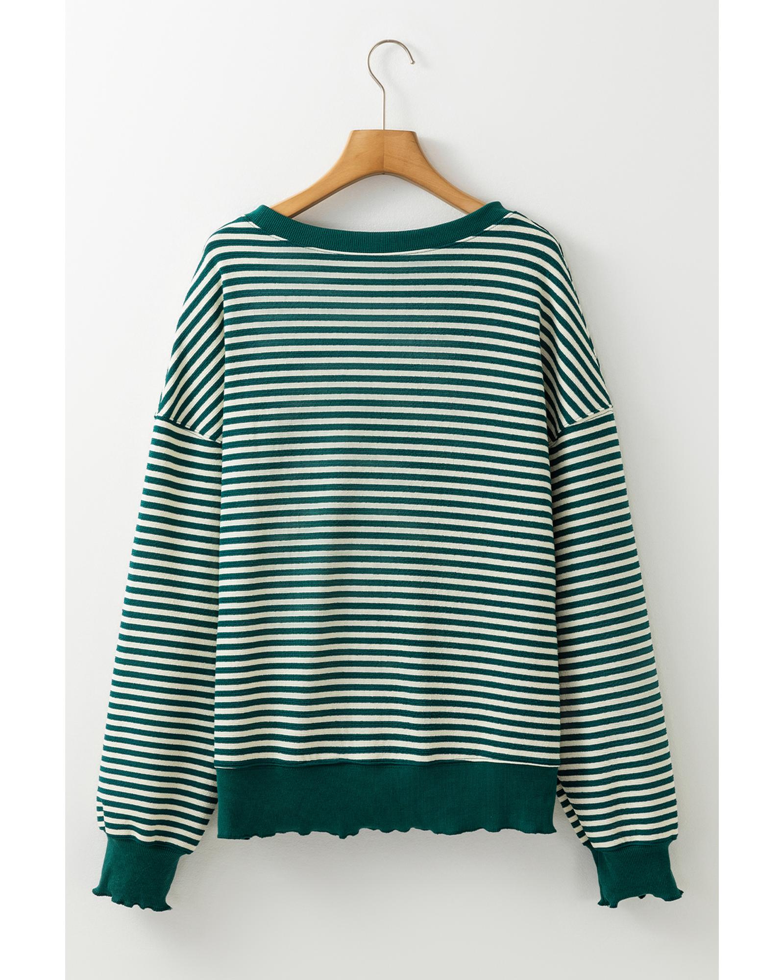 V539-AZEXDC25129121-P919-M-202508270920-00 Green Stripe Loose Drop Shoulder Long Sleeve Top - M - Image 1