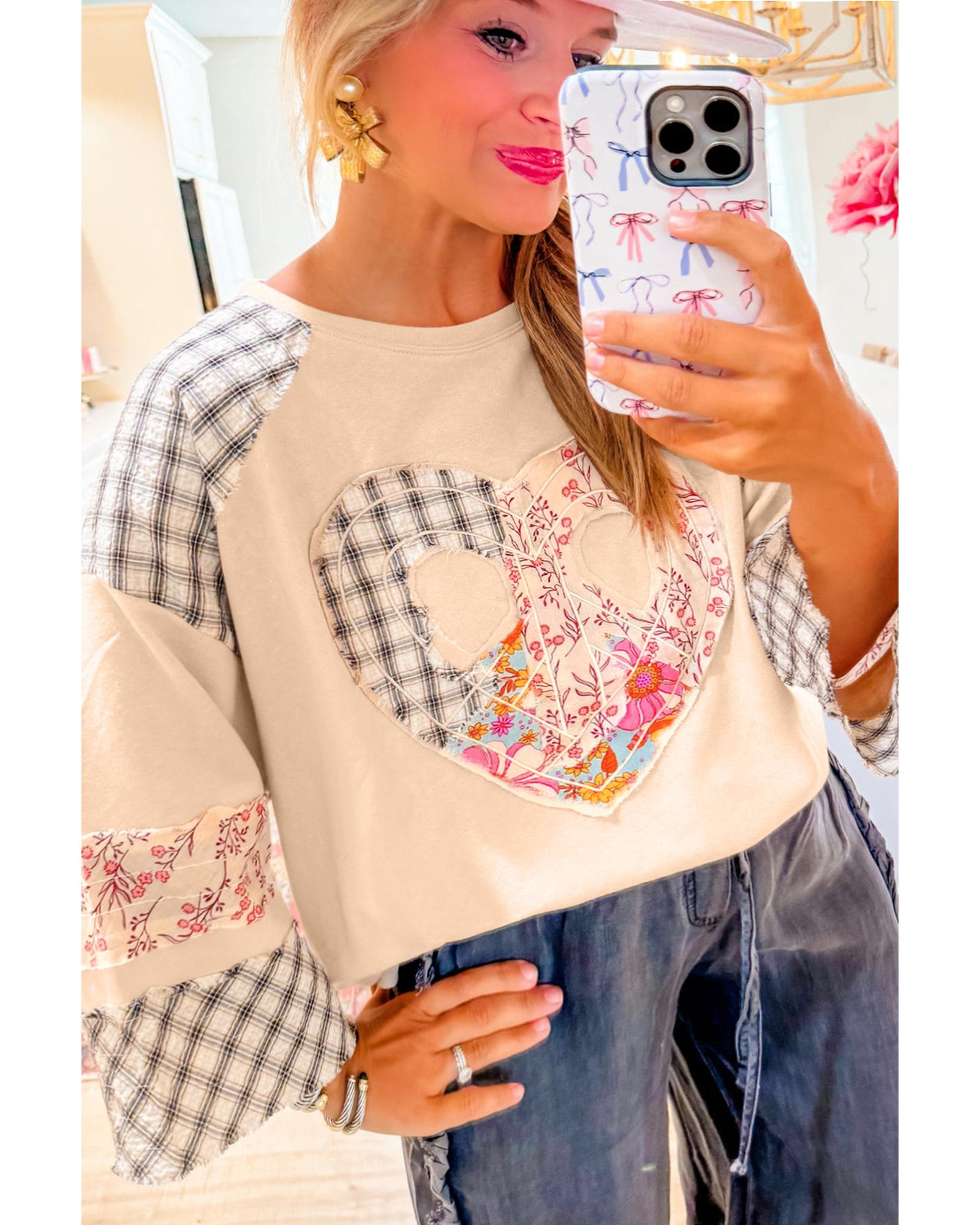 V539-AZEXDC25129122-P15-S-202508271740-00 Beige Plaid Floral Peace Heart Graphic Wide Long Sleeve Top - S - Image 1