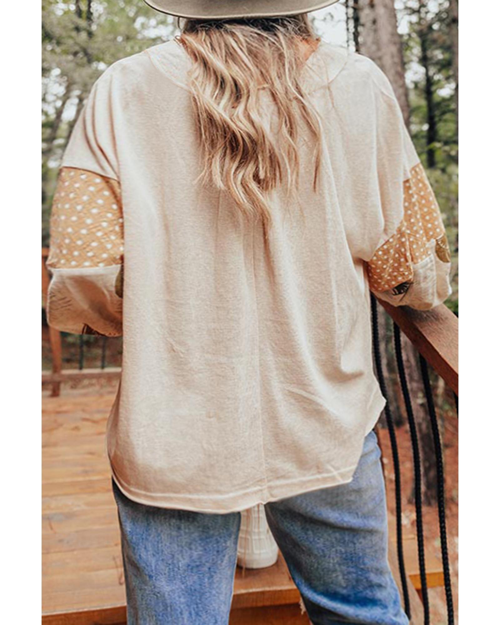 V539-AZEXDC25129124-P2015-L-202508270520-00 Jet Stream Palm Leaves Polka Dot Puff Sleeve Patchwork V Neck Loose Blouse - L - Image 1