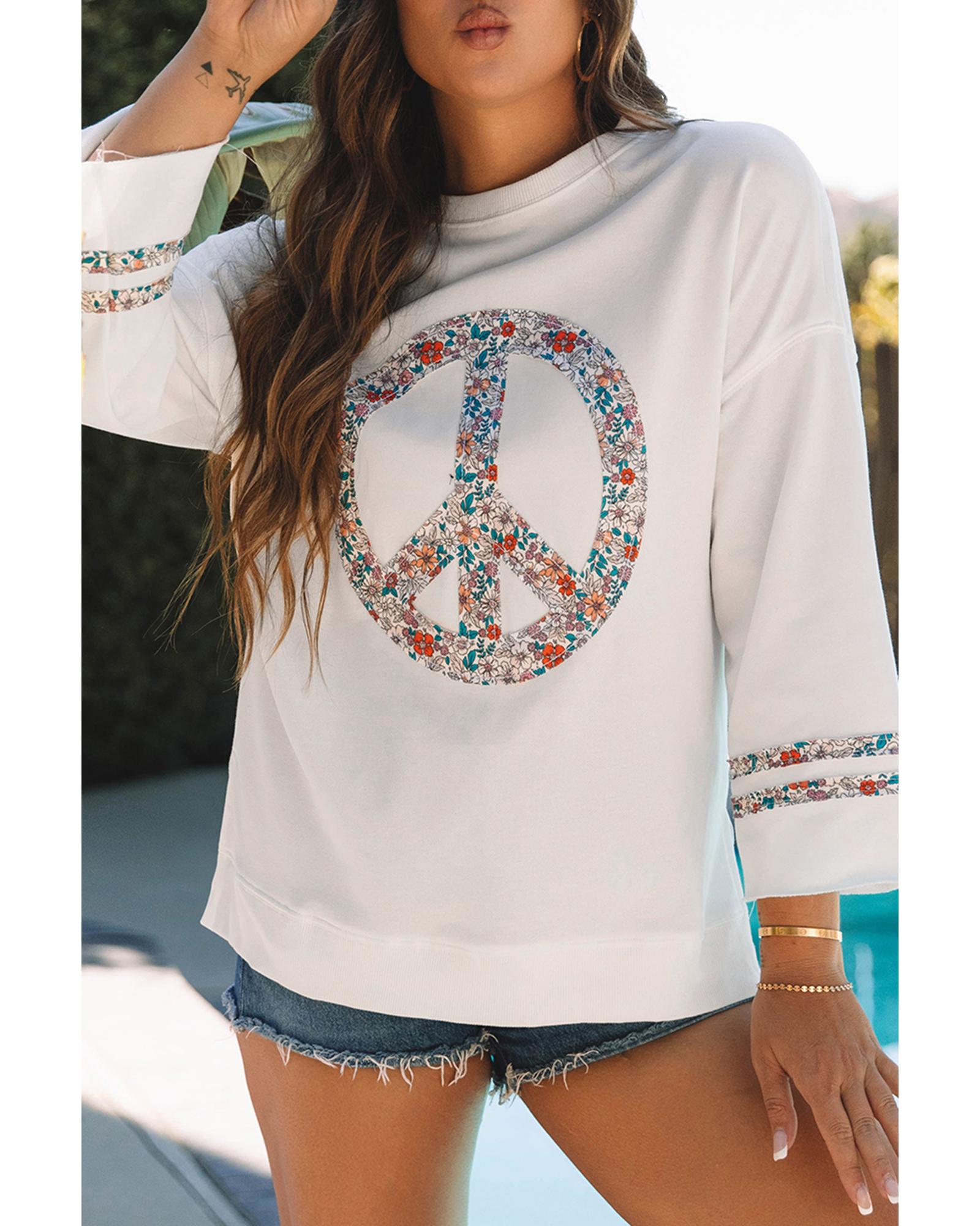 V539-AZEXDC25129149-P2015-XL-202508272135-00 Jet Stream Floral Peace Sign Graphic Drop Shoulder Wide Sleeve Casual Top - XL - Image 1