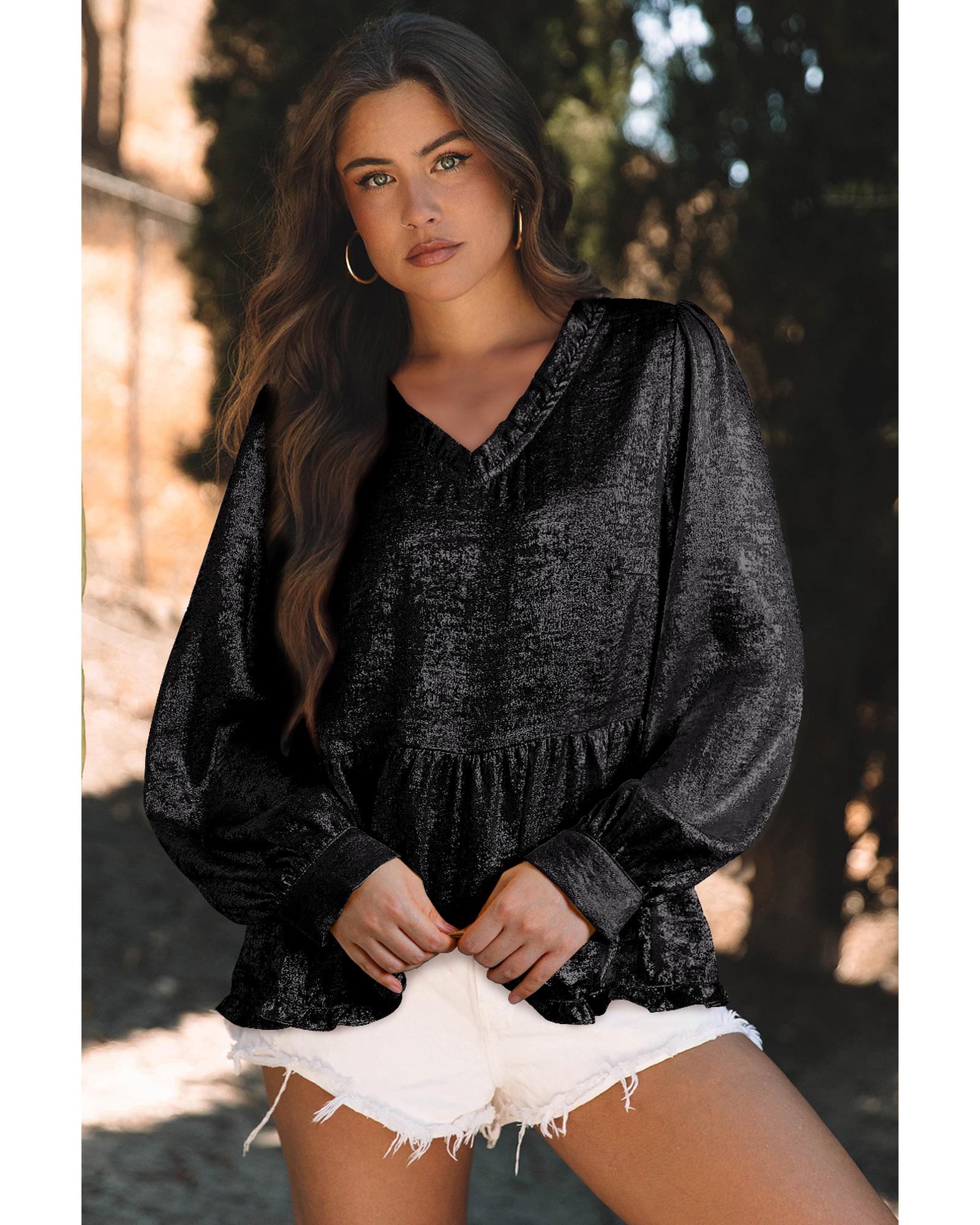 V539-AZEXDC25129163-P2-L-202508270800-00 Black Metallic Frilled V Neck Puff Sleeve Babydoll Blouse - L - Image 1