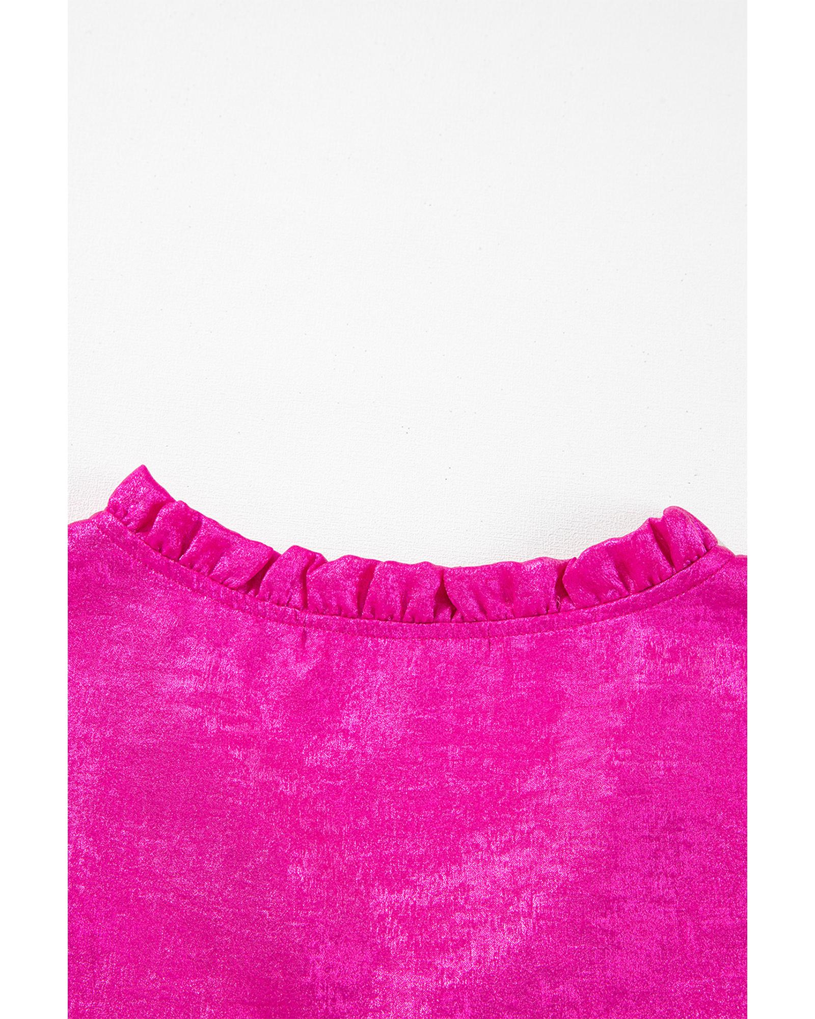 V539-AZEXDC25129163-P6-M-202508271315-00 Rose Red Metallic Frilled V Neck Puff Sleeve Babydoll Blouse - M - Image 1