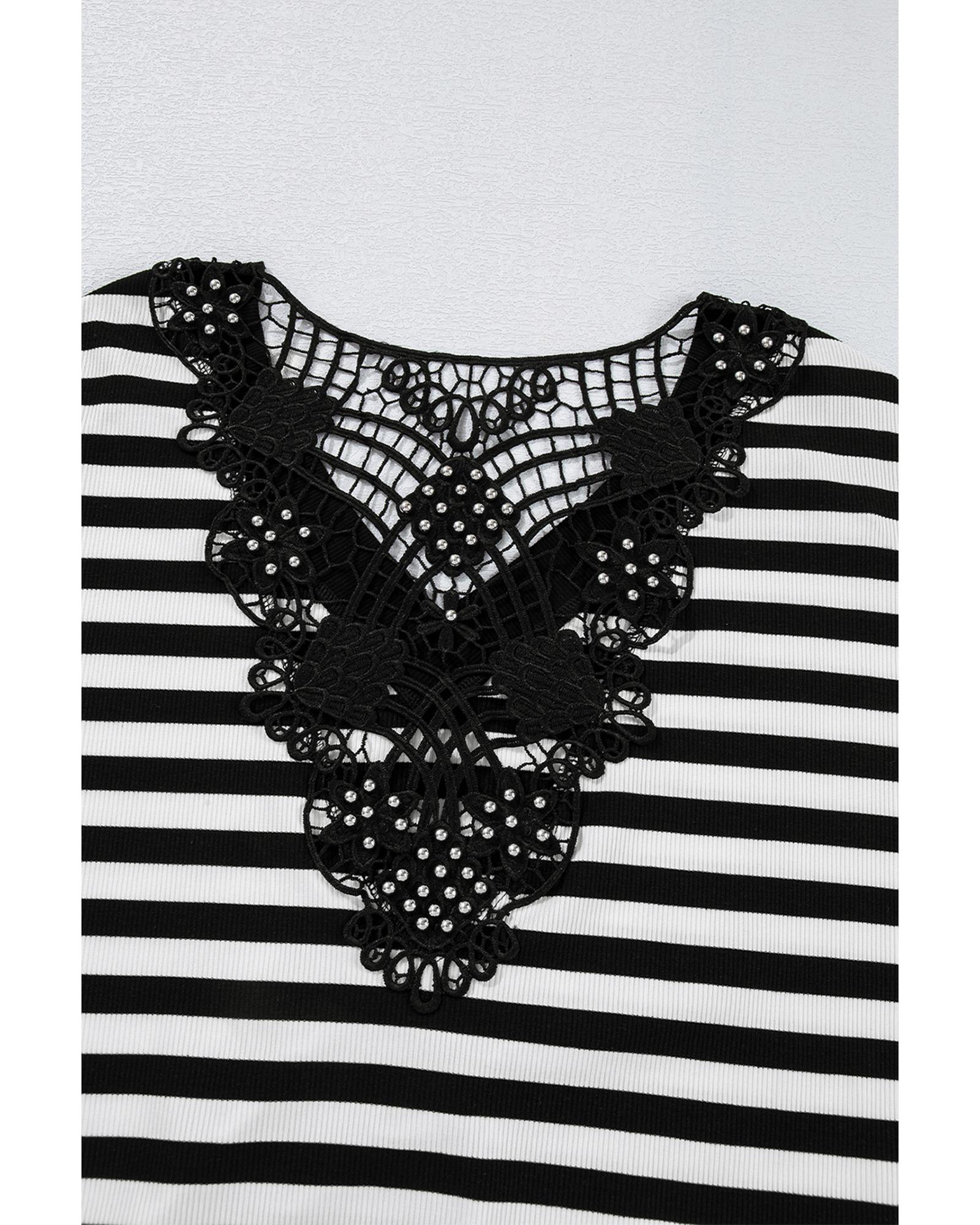 V539-AZEXDC25129173-P219-S-202506120631-00 Black Stripe Crochet Hollow-out Back Buttoned Shoulder V Neck Top - S - Image 1