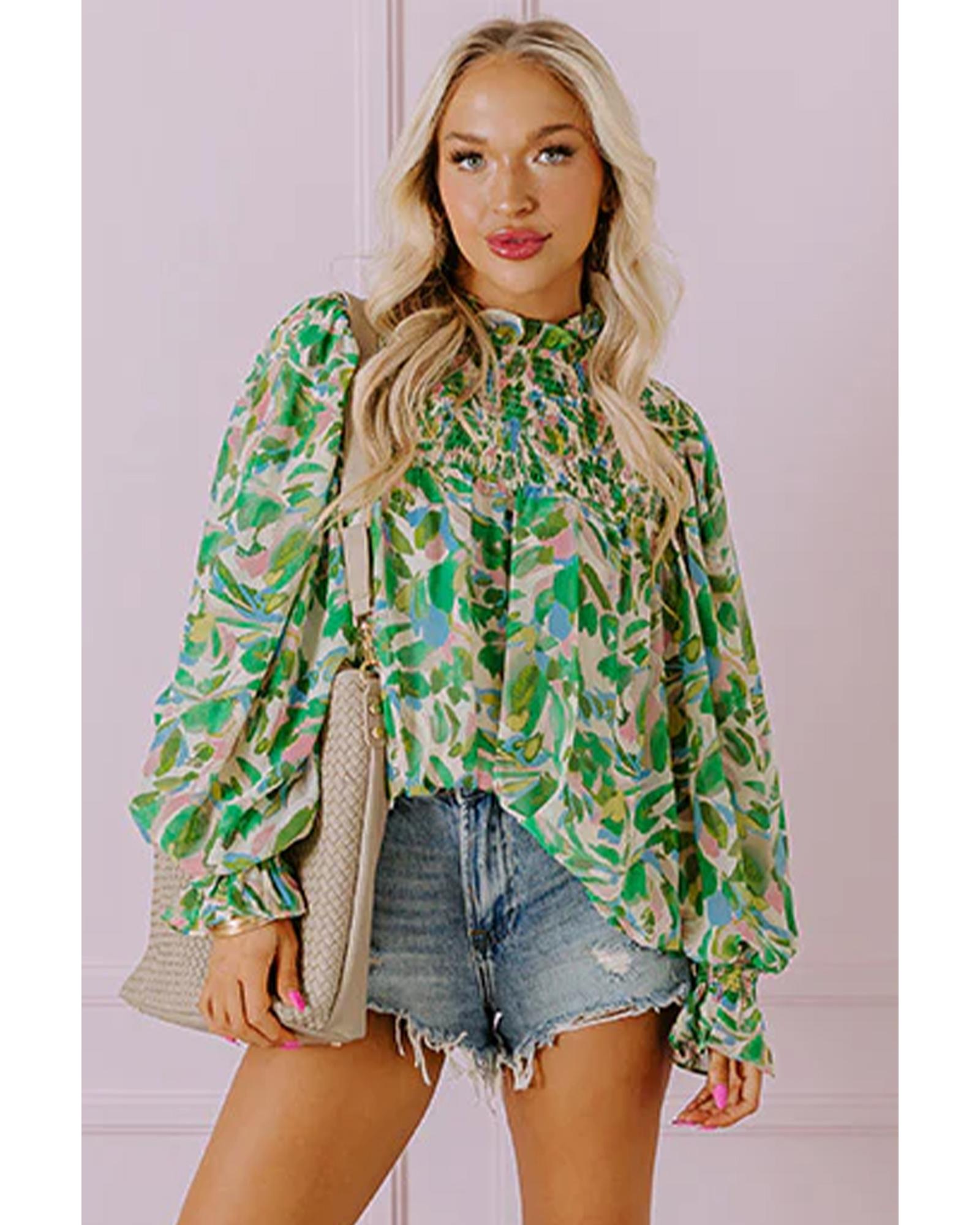 V539-AZEXDC25129181-P920-M-202508270930-00 Green Leafy Printed Flounce Sleeve Shirred Mock Neck Blouse - M - Image 1